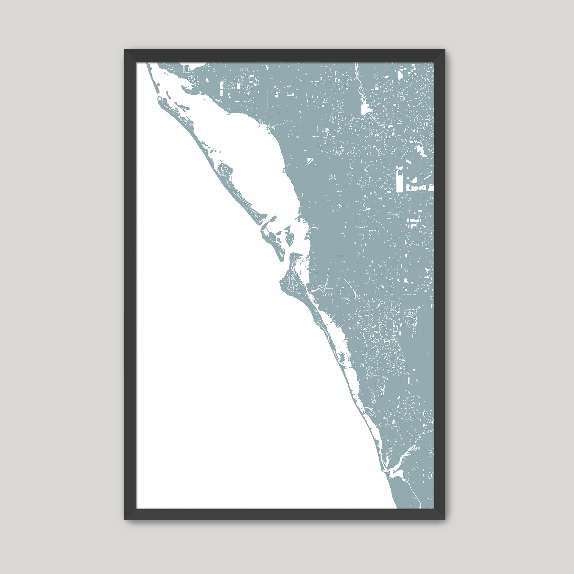 Siesta Key Coastal Map — Fine Art Print Vertical, soft-blue, Black Frame, 8x10