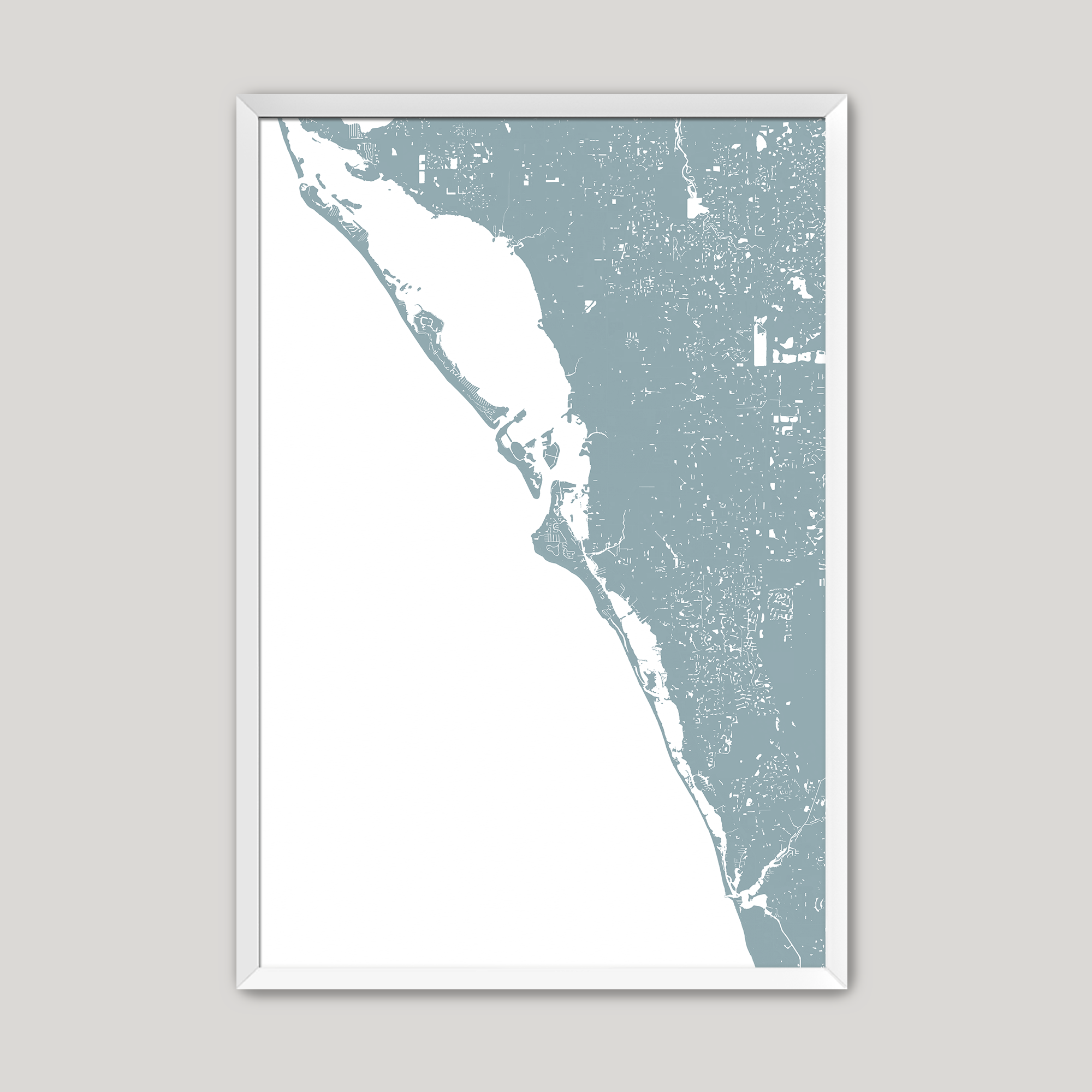 Siesta Key Coastal Map — Fine Art Print Vertical, soft-blue, White Frame, 8x10