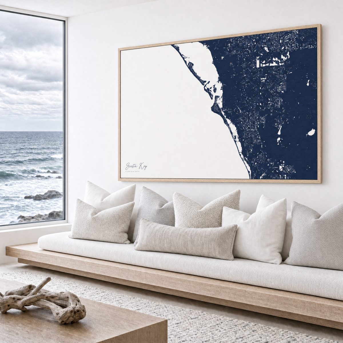 Siesta Key canvas map — sea-view bench interior