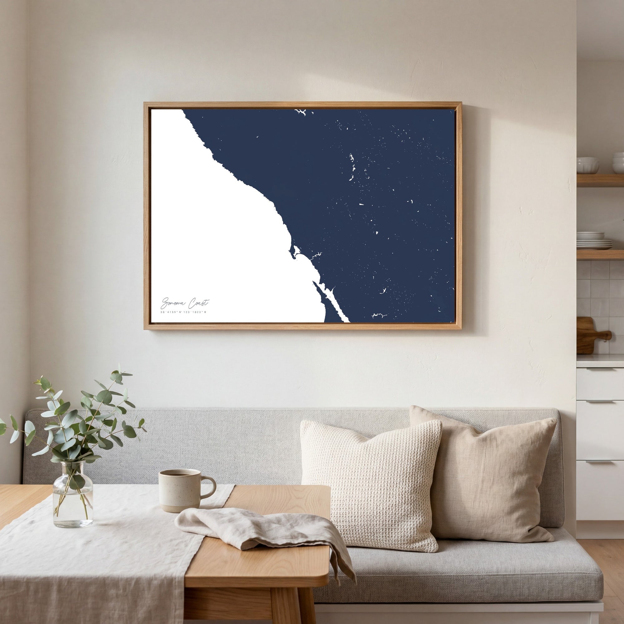 Sonoma Coast navy horizontal canvas map in an oak framed room scene