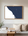 Sonoma Coast navy horizontal canvas map in an oak framed room scene