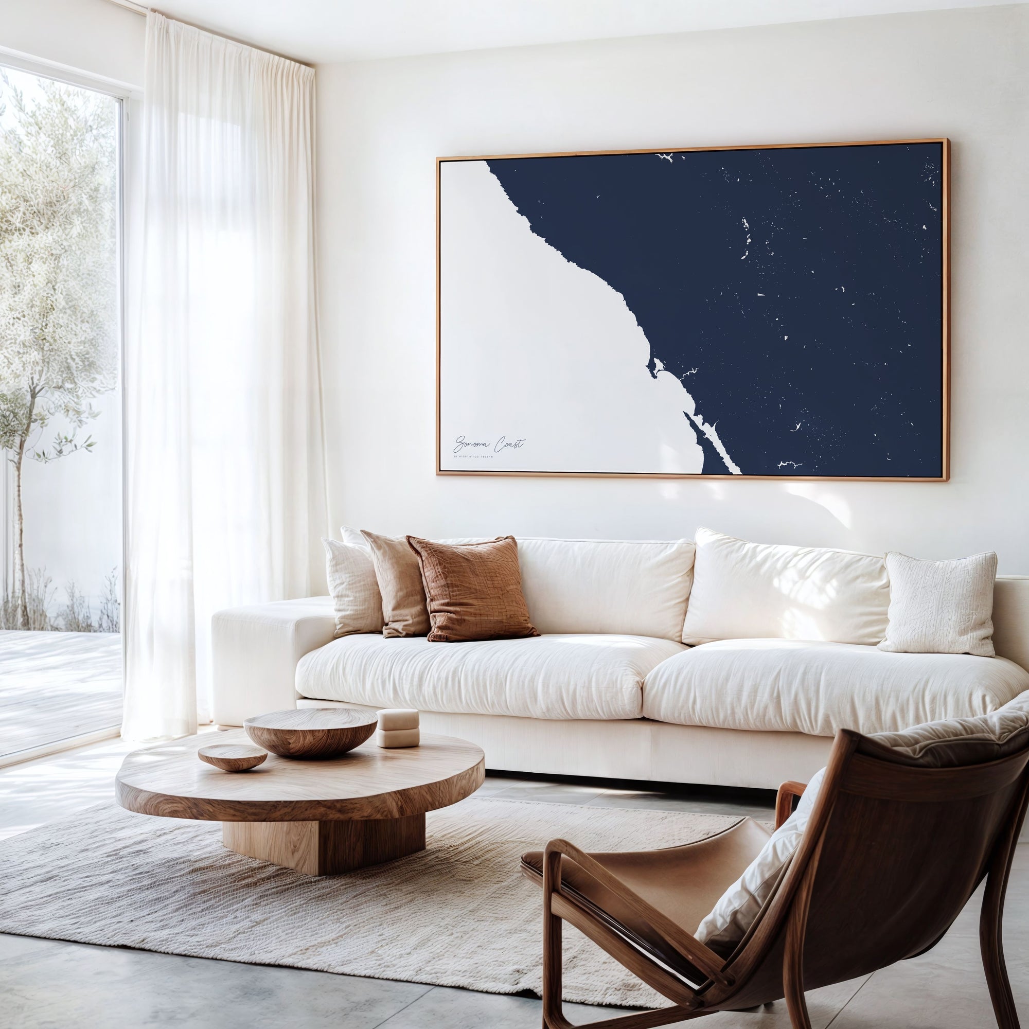 Sonoma Coast navy horizontal canvas map in an oak framed room scene