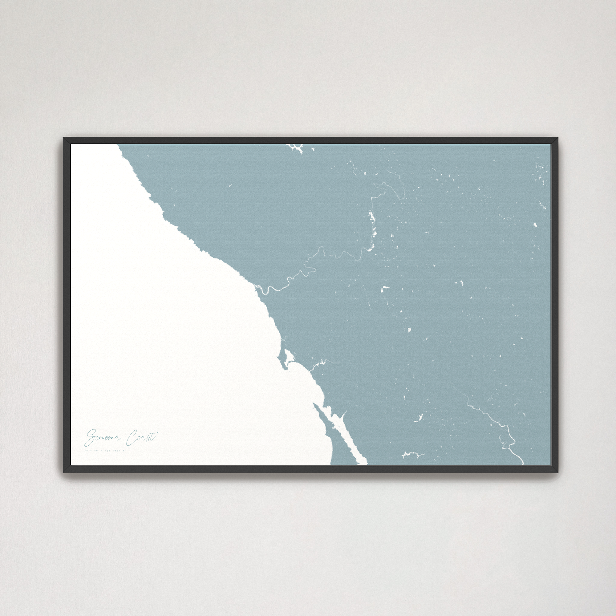 Sonoma Coast Coastal Map — Canvas Horizontal, soft-blue, Black Frame