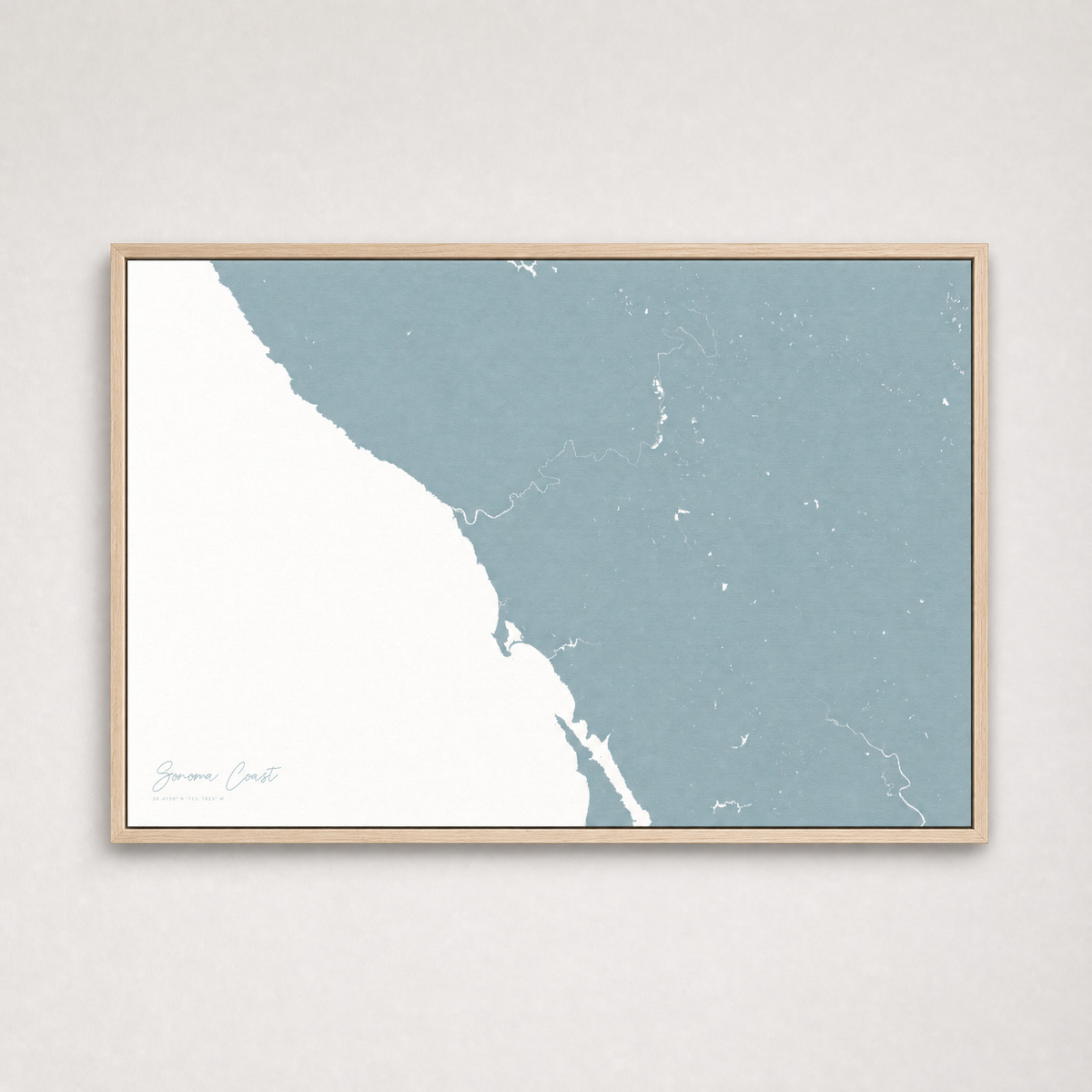 Sonoma Coast Coastal Map — Canvas Horizontal — soft-blue, Light Wood