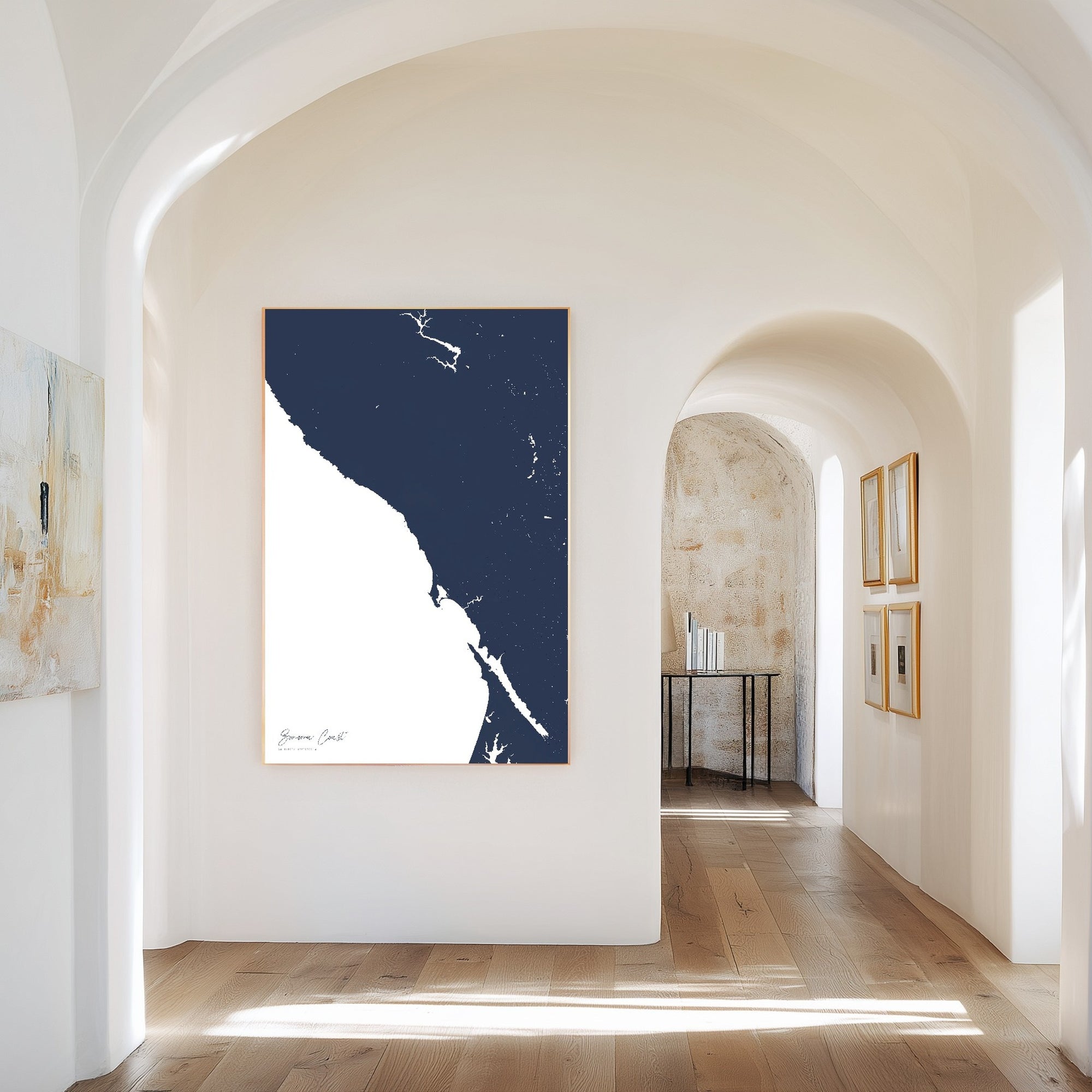 Sonoma Coast navy vertical canvas map in the Bello mixed room scene