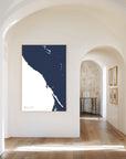 Sonoma Coast navy vertical canvas map in the Bello mixed room scene