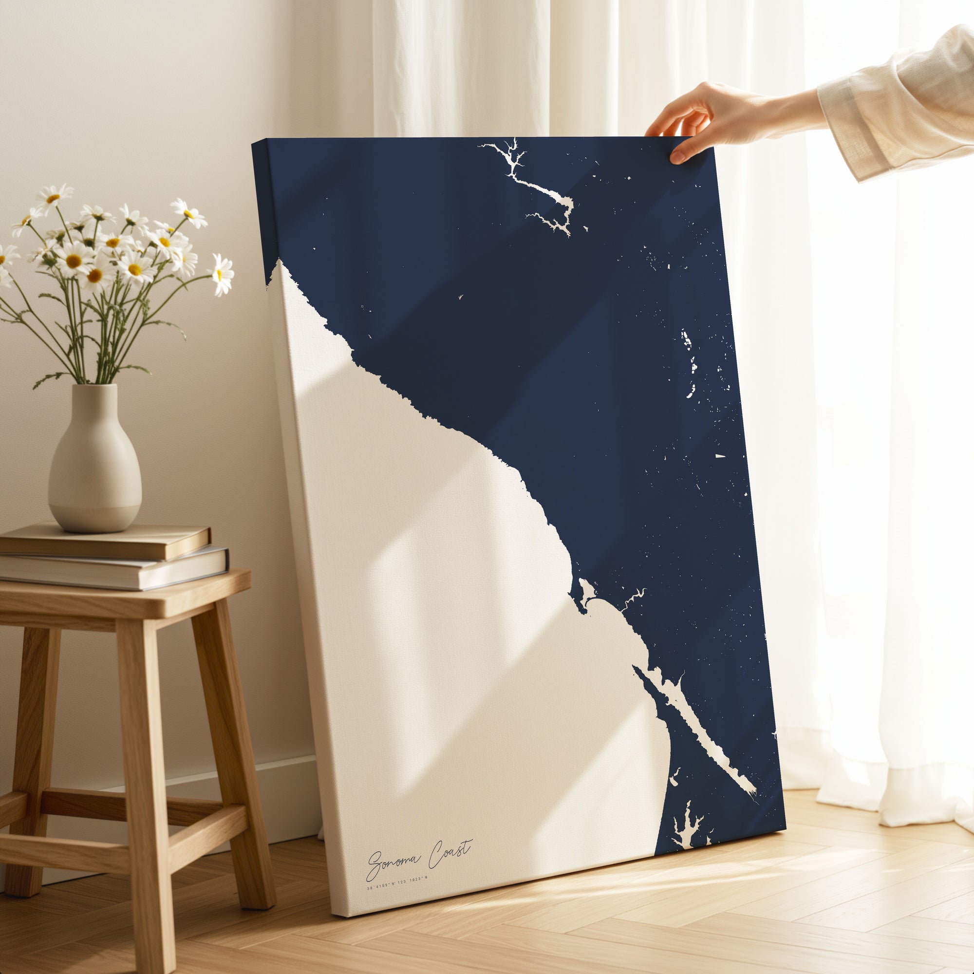 Sonoma Coast navy vertical wrapped canvas map in the ratio 2:3 hand mockup