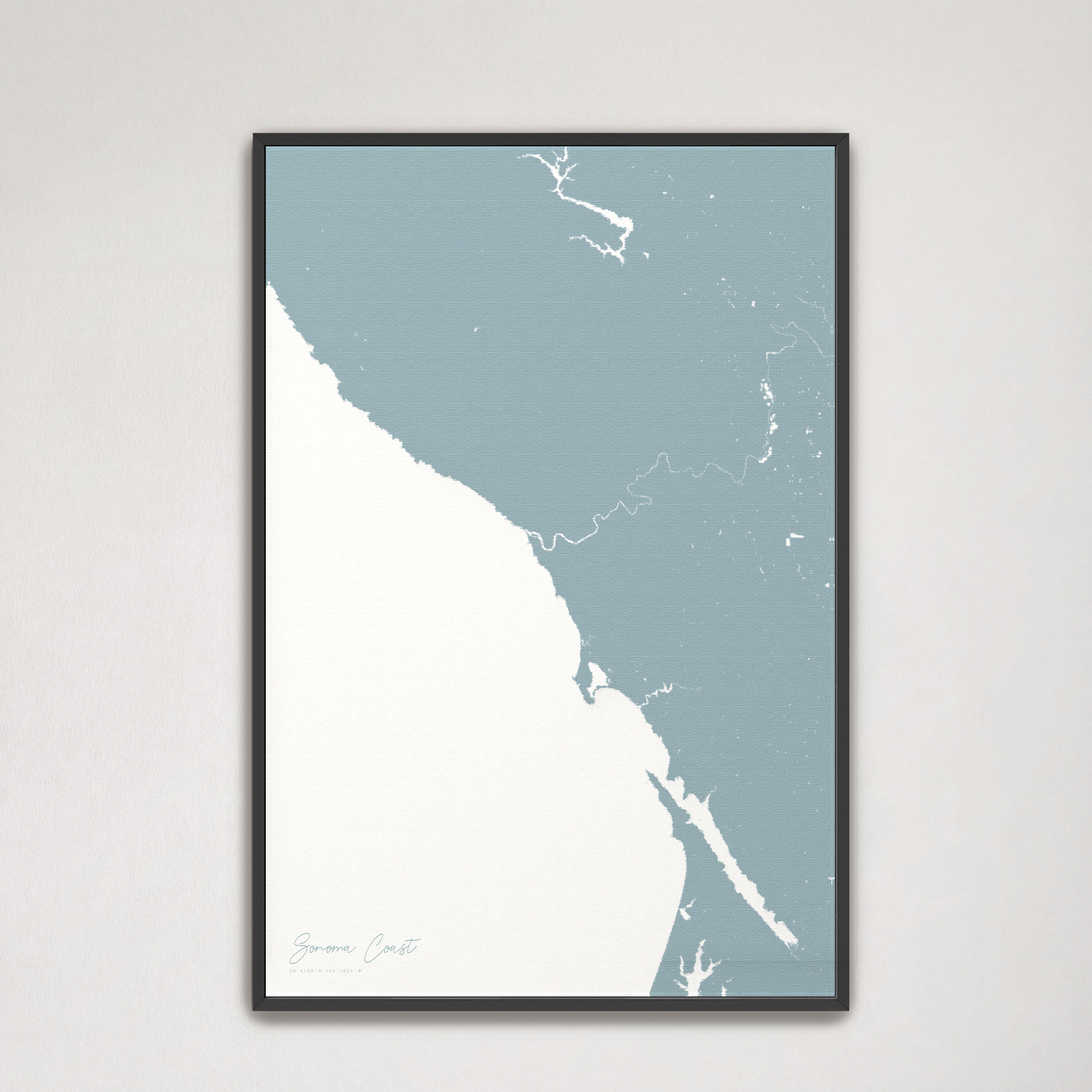 Sonoma Coast Coastal Map — Canvas Vertical, soft-blue, Black Frame