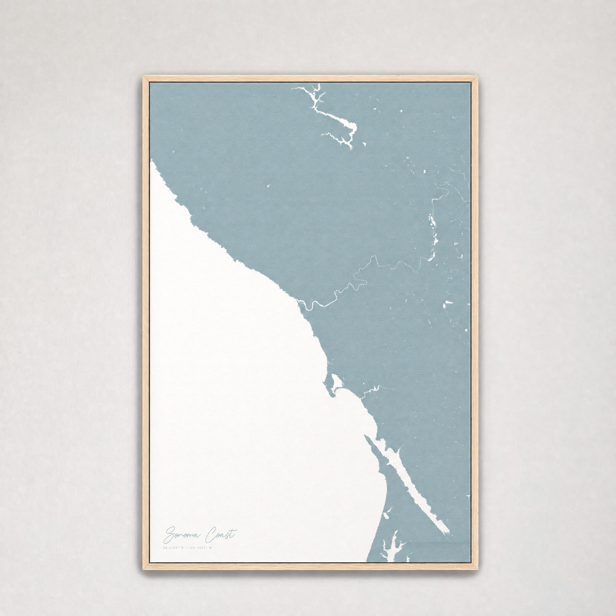 Sonoma Coast Coastal Map — Canvas Vertical — soft-blue, Light Wood
