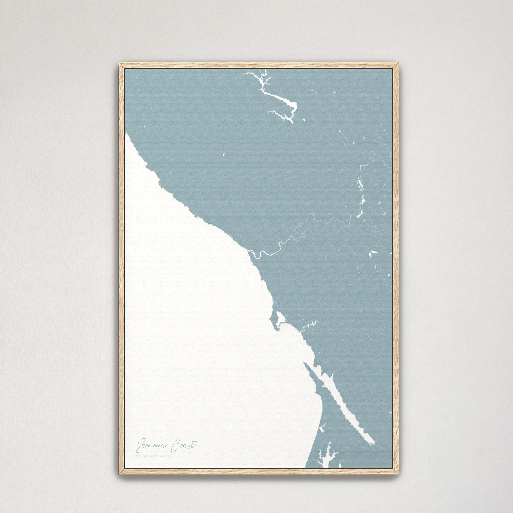 Sonoma Coast Coastal Map — Canvas Vertical, soft-blue, Natural Oak