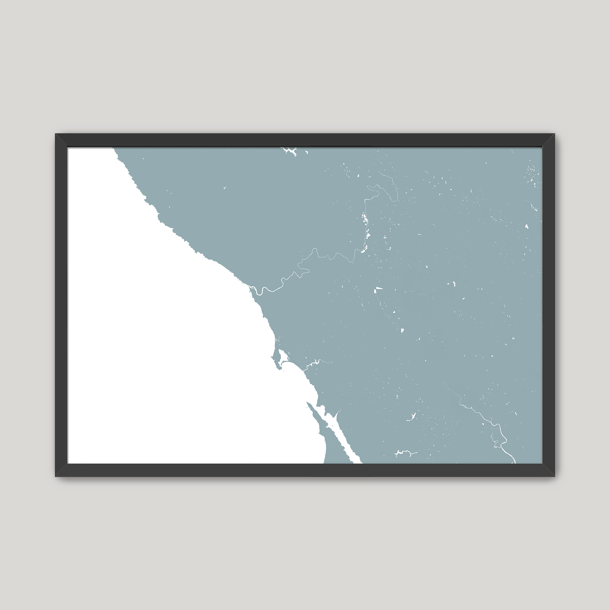 Sonoma Coast Coastal Map — Fine Art Print Horizontal, soft-blue, Black Frame, 10x8