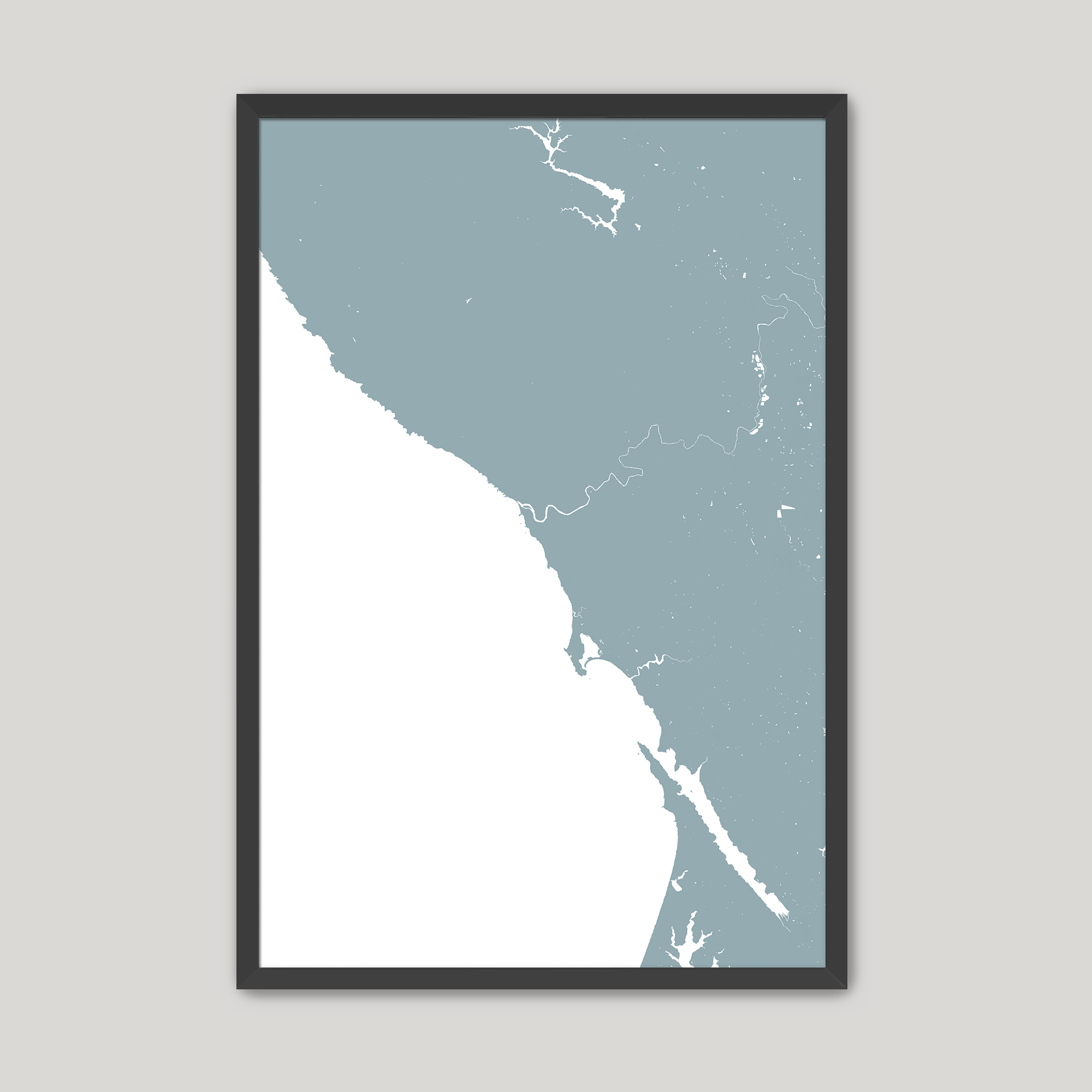 Sonoma Coast Coastal Map — Fine Art Print Vertical, soft-blue, Black Frame, 8x10
