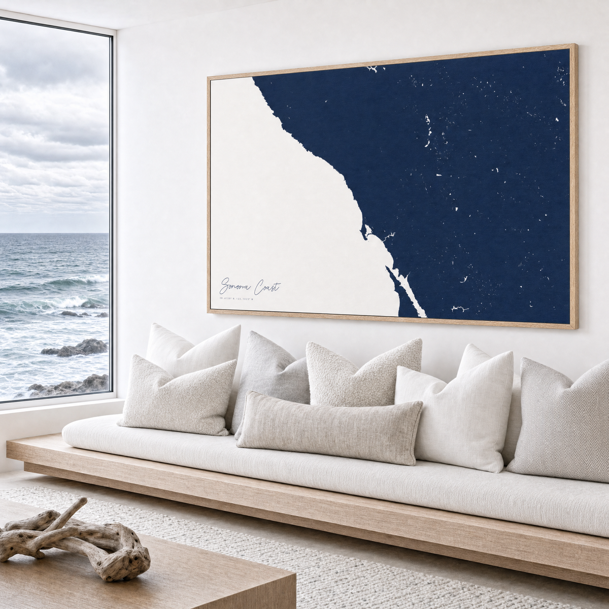 Sonoma Coast canvas map — sea-view bench interior