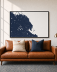 South Shore Massachusetts canvas map — two-pillow black-frame sofa interior