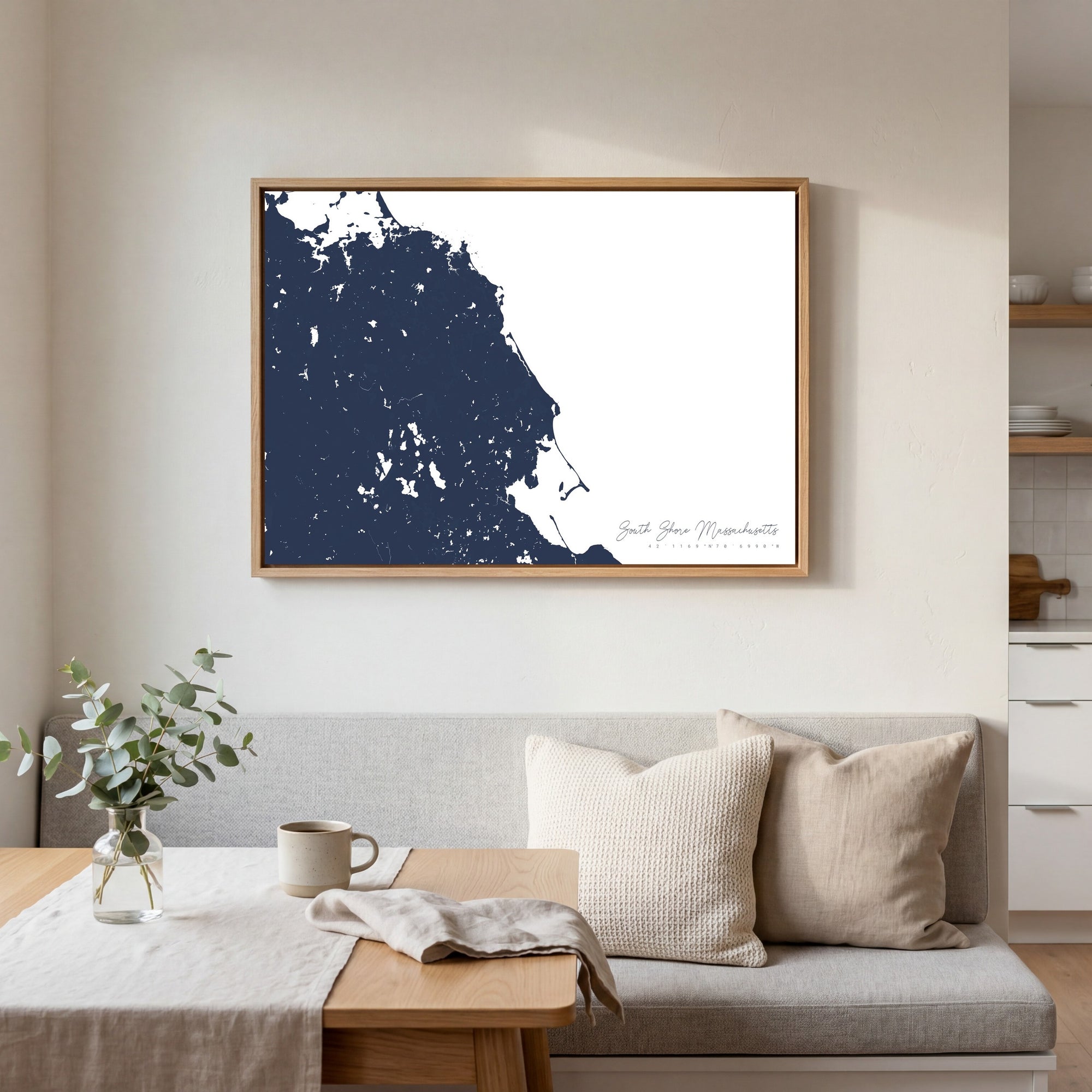 South Shore Massachusetts navy horizontal canvas map in an oak framed room scene