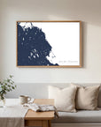 South Shore Massachusetts navy horizontal canvas map in an oak framed room scene