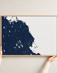 South Shore Massachusetts canvas map — hands holding the canvas in an oak frame