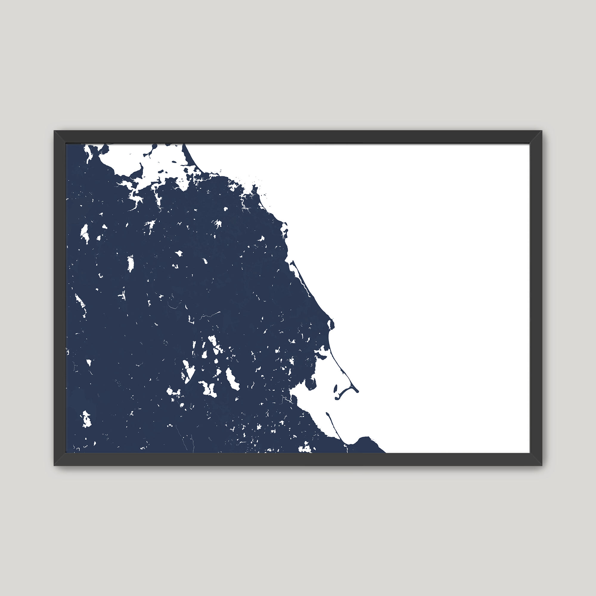 South Shore Massachusetts Coastal Map — Fine Art Print Horizontal, navy, Black Frame, 10x8