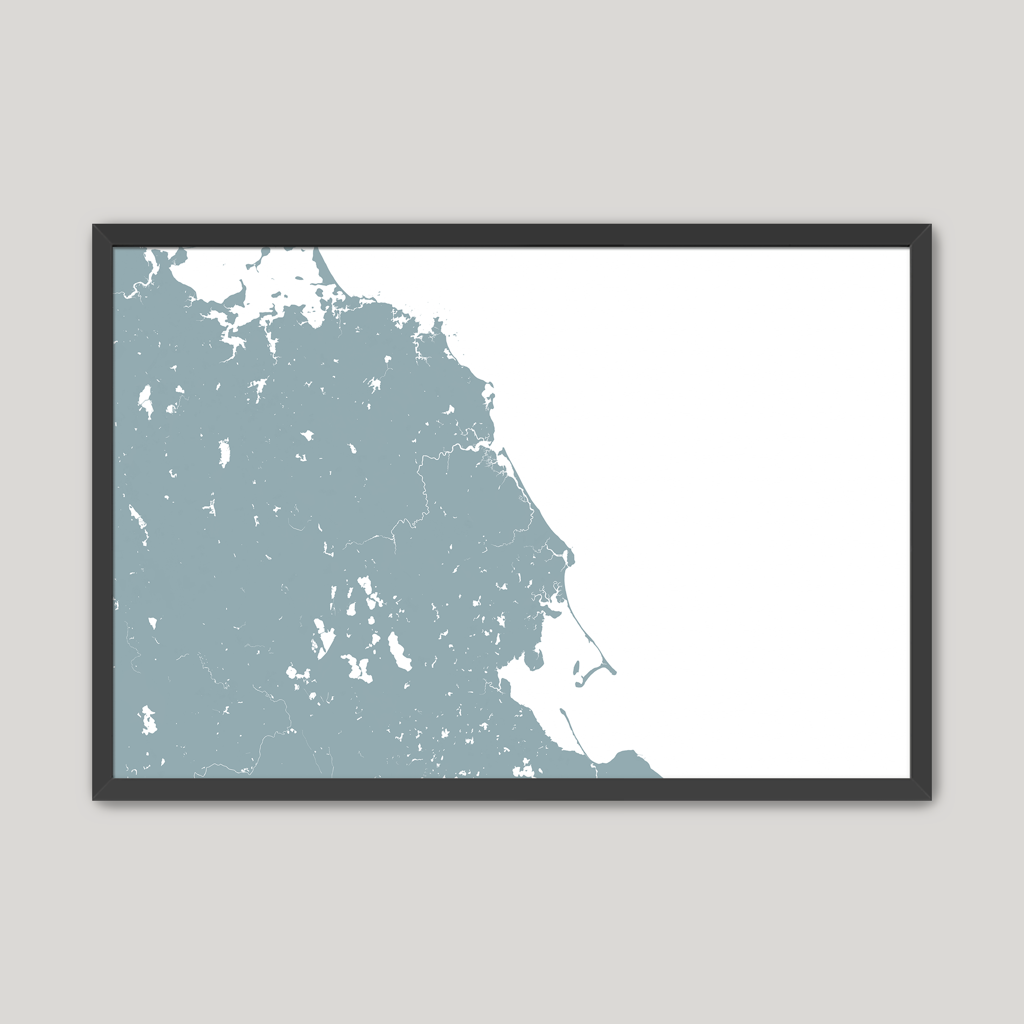 South Shore Massachusetts Coastal Map — Fine Art Print Horizontal, soft-blue, Black Frame, 10x8