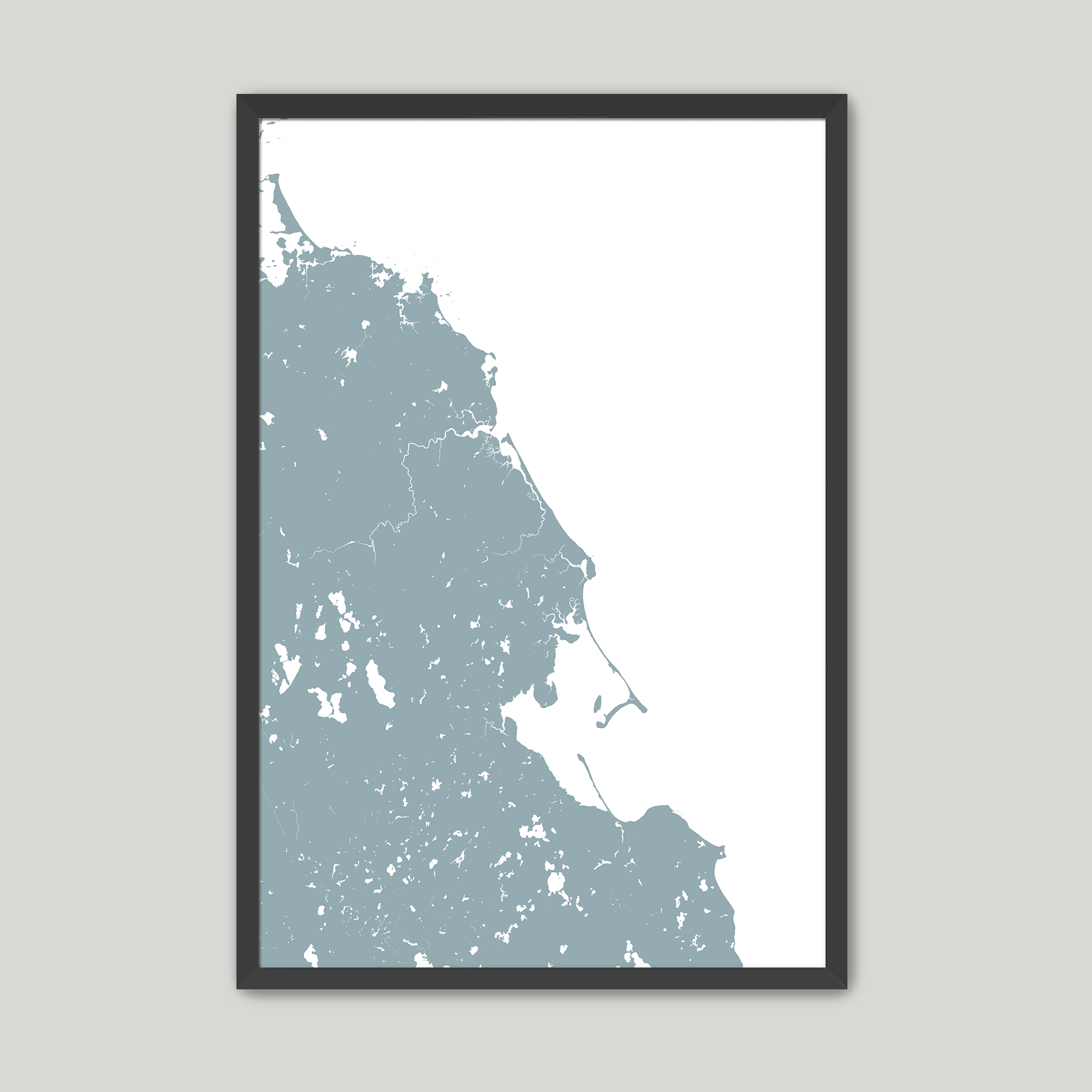 South Shore Massachusetts Coastal Map — Fine Art Print Vertical, soft-blue, Black Frame, 8x10