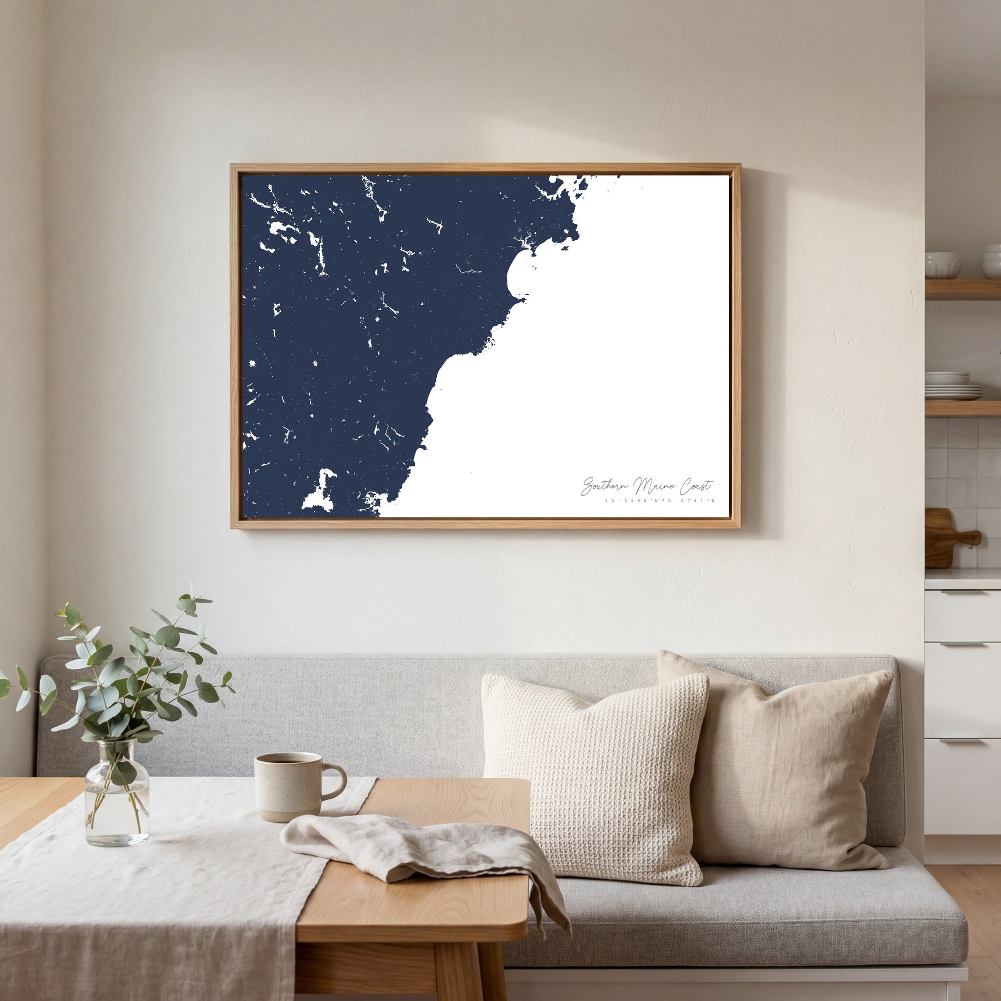 Southern Maine Coast navy horizontal canvas map in an oak framed room scene