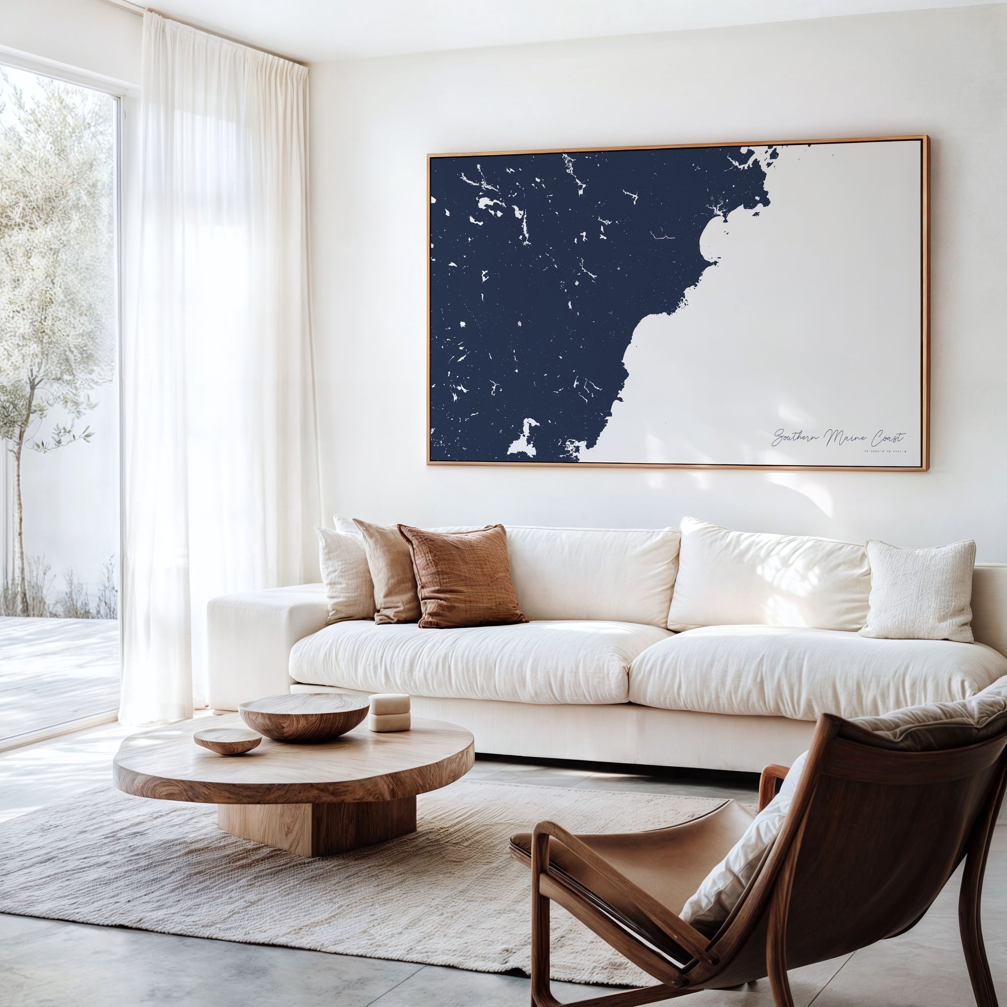 Southern Maine Coast navy horizontal canvas map in an oak framed room scene