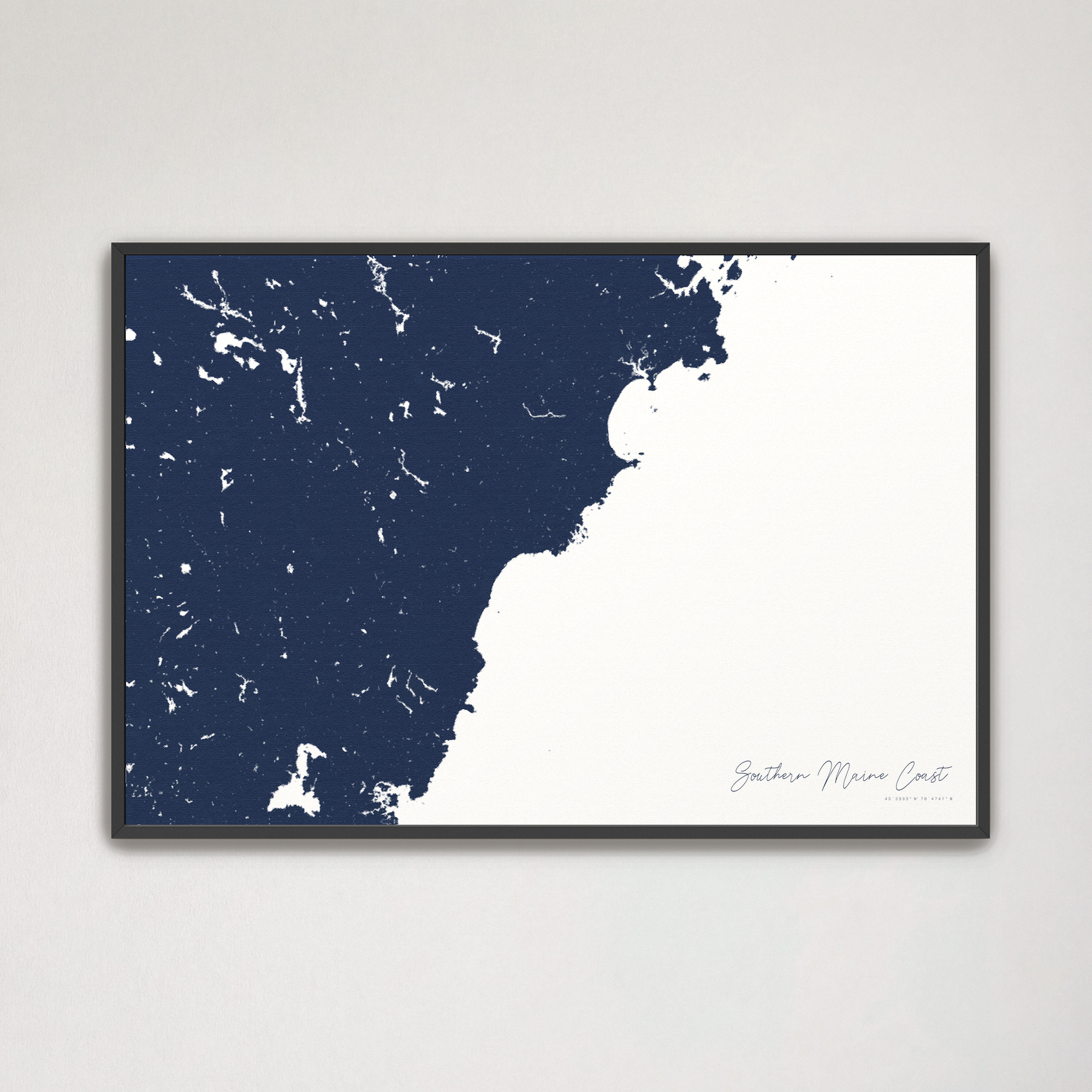 Southern Maine Coast Coastal Map — Canvas Horizontal, navy, Black Frame