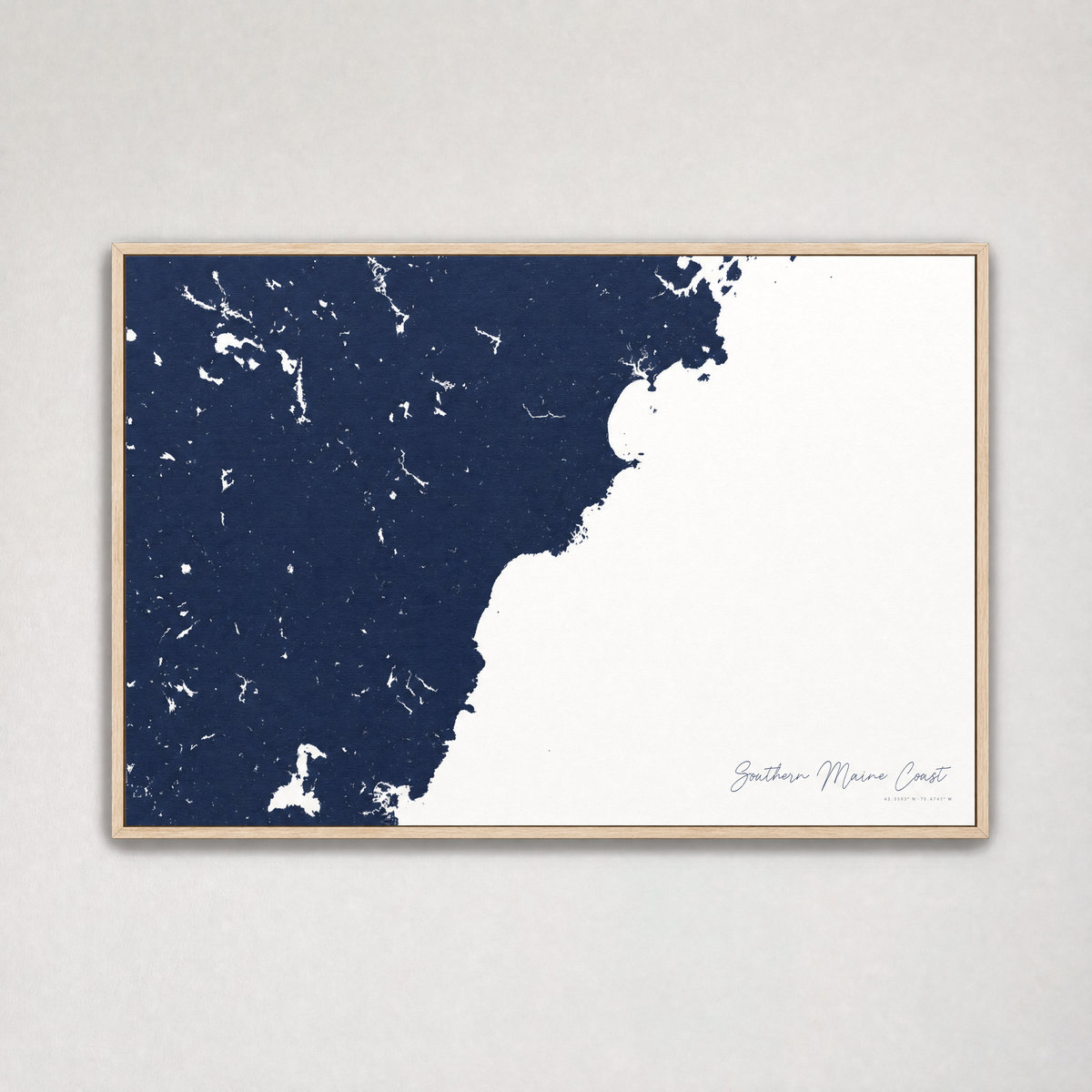 Southern Maine Coast Coastal Map — Canvas Horizontal — navy, Light Wood