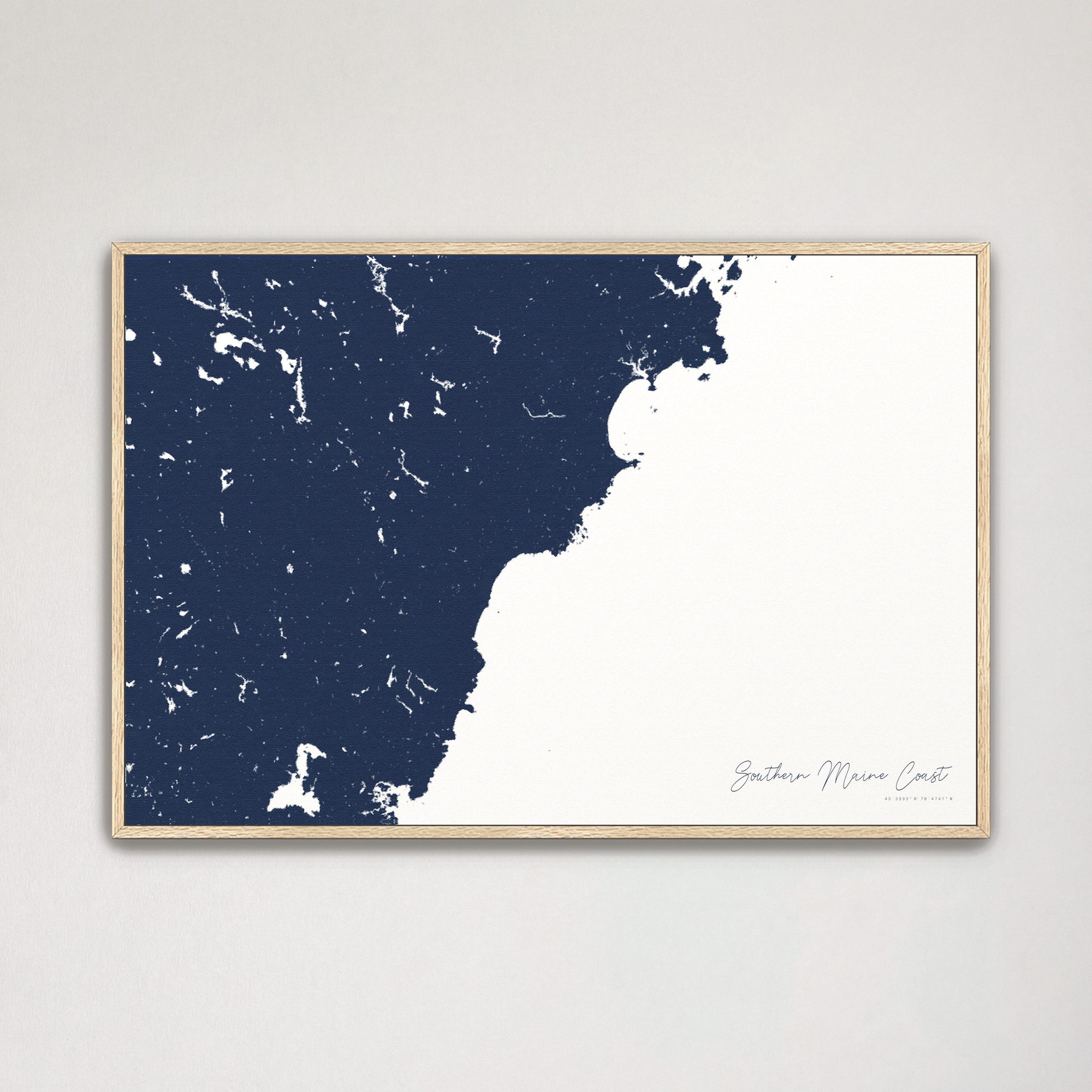 Southern Maine Coast Coastal Map — Canvas Horizontal, navy, Natural Oak