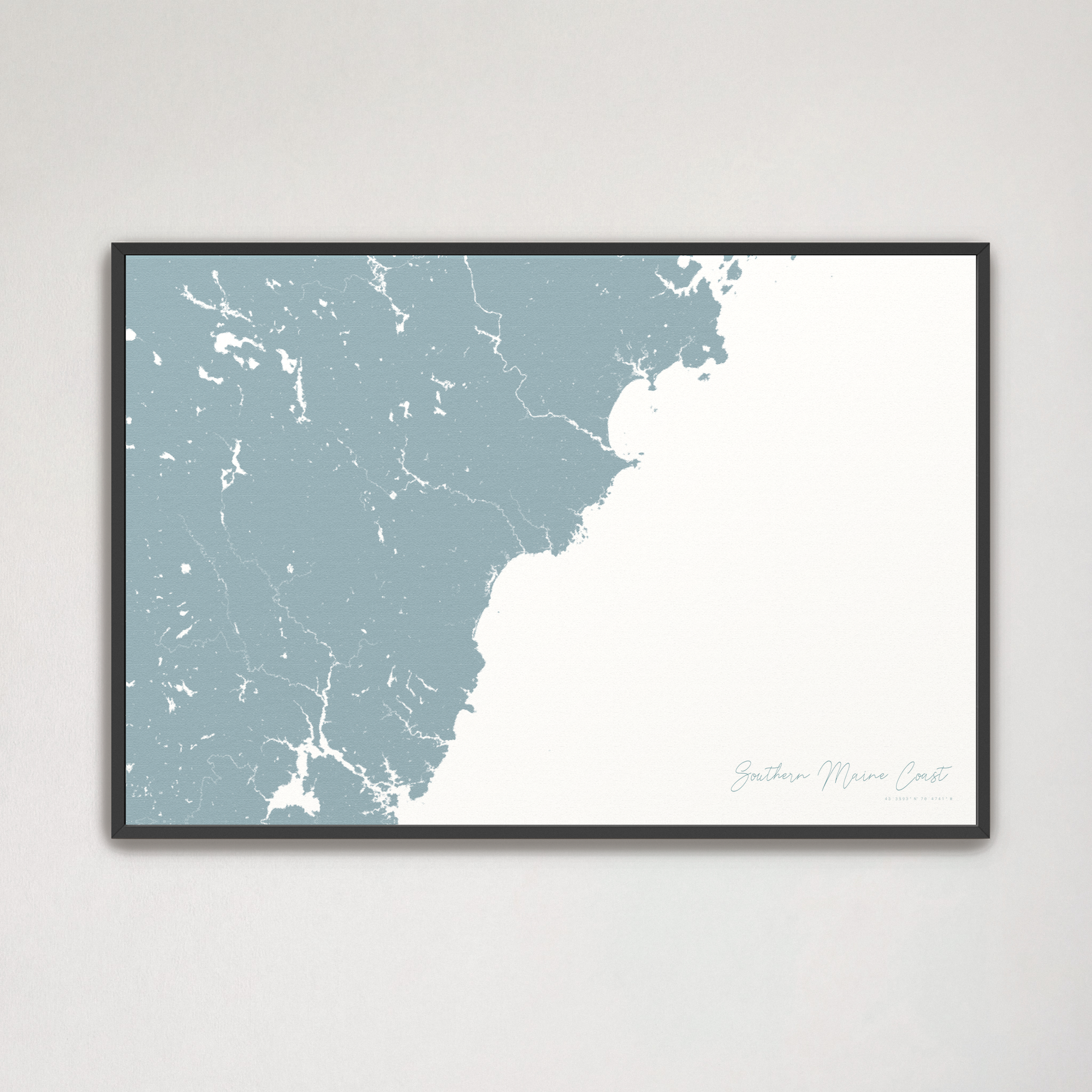 Southern Maine Coast Coastal Map — Canvas Horizontal, soft-blue, Black Frame