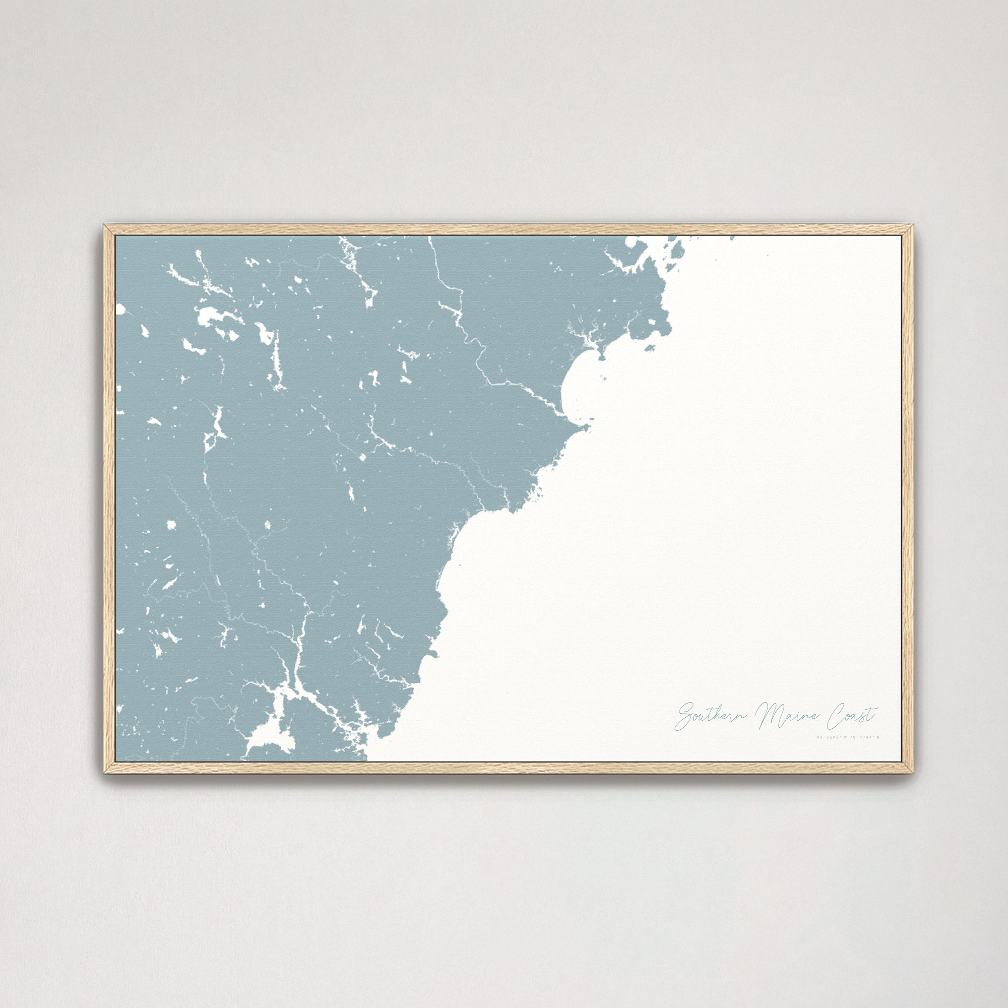 Southern Maine Coast Coastal Map — Canvas Horizontal, soft-blue, Natural Oak