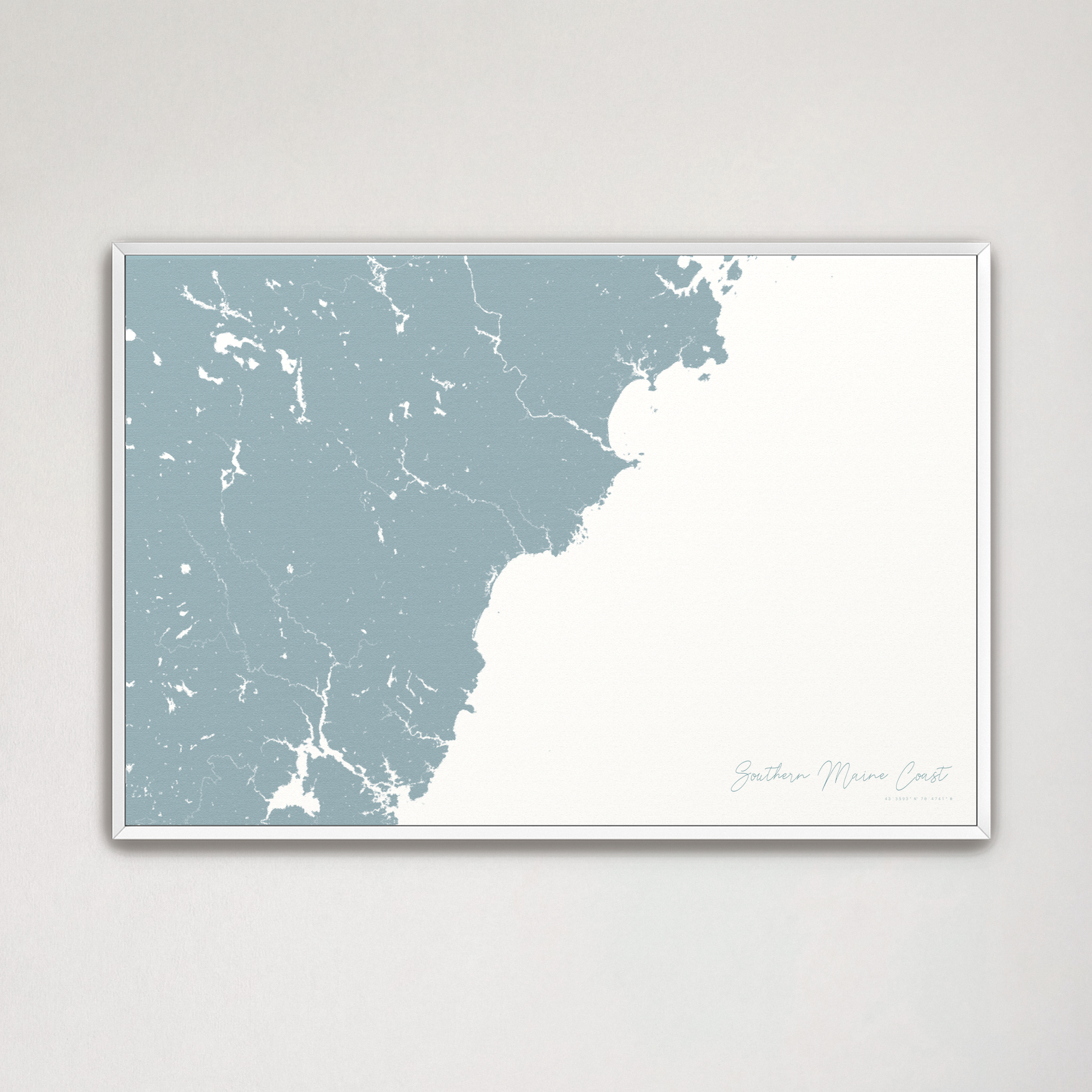 Southern Maine Coast Coastal Map — Canvas Horizontal, soft-blue, White Frame