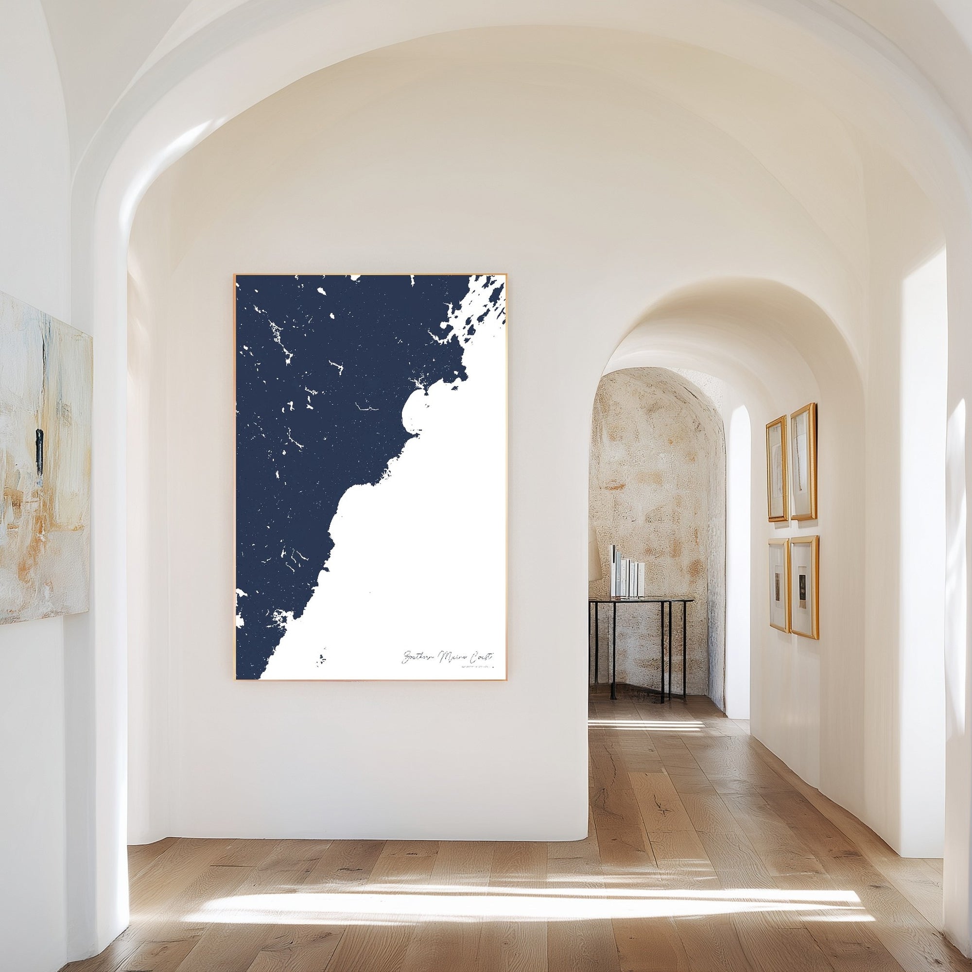 Southern Maine Coast navy vertical canvas map in the Bello mixed room scene