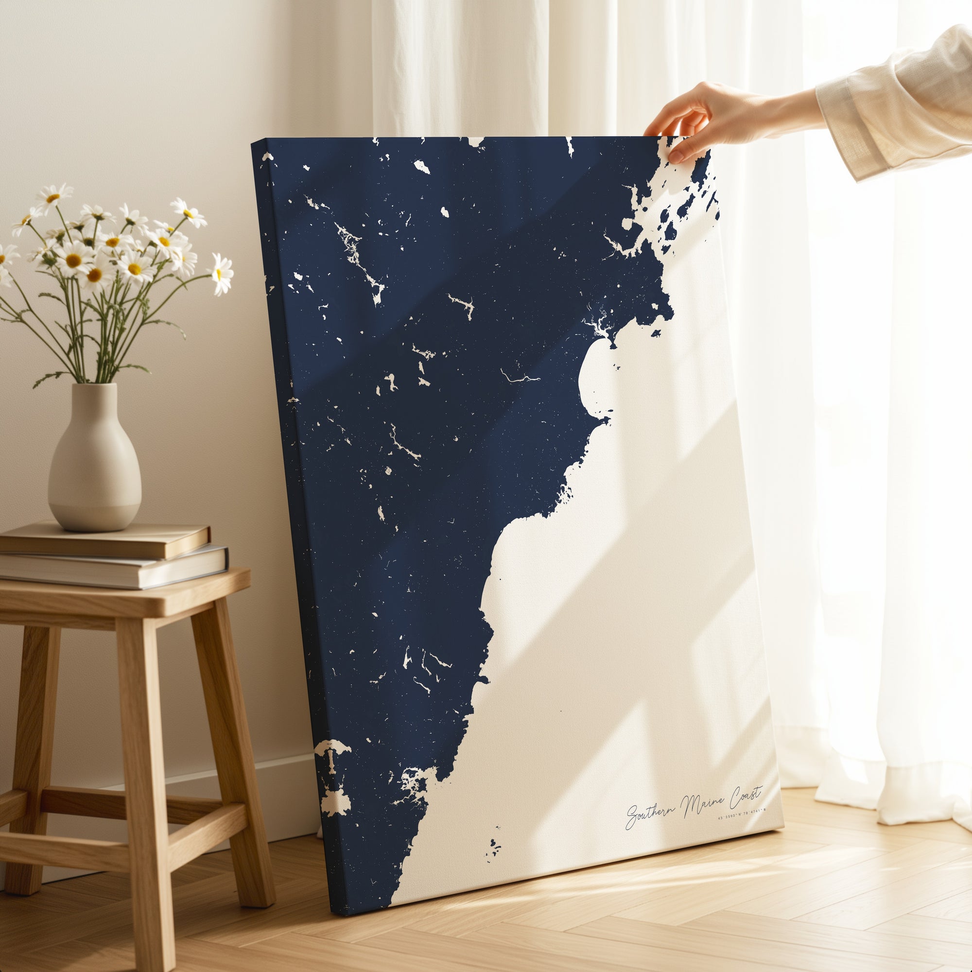 Southern Maine Coast navy vertical wrapped canvas map in the ratio 2:3 hand mockup
