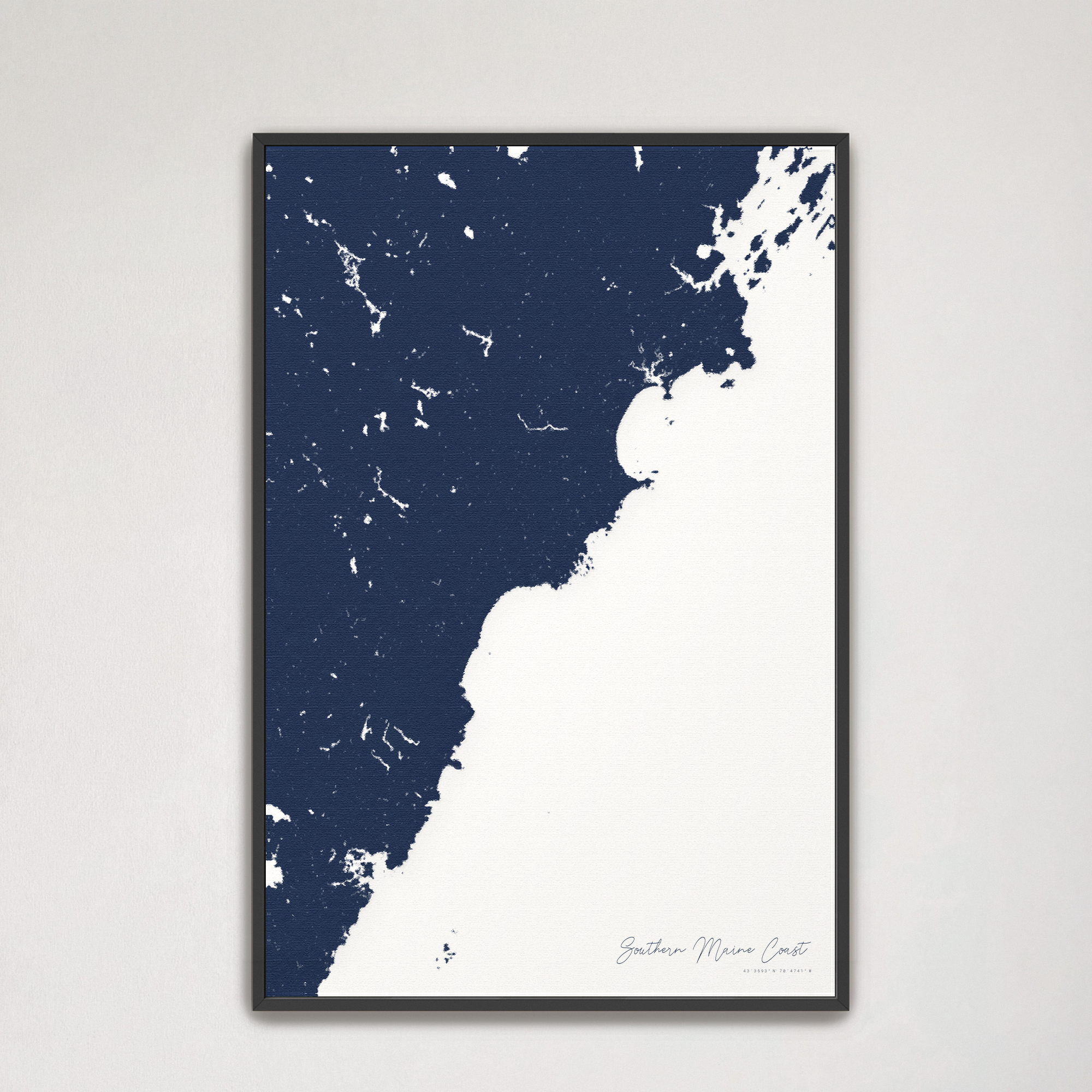 Southern Maine Coast Coastal Map — Canvas Vertical, navy, Black Frame