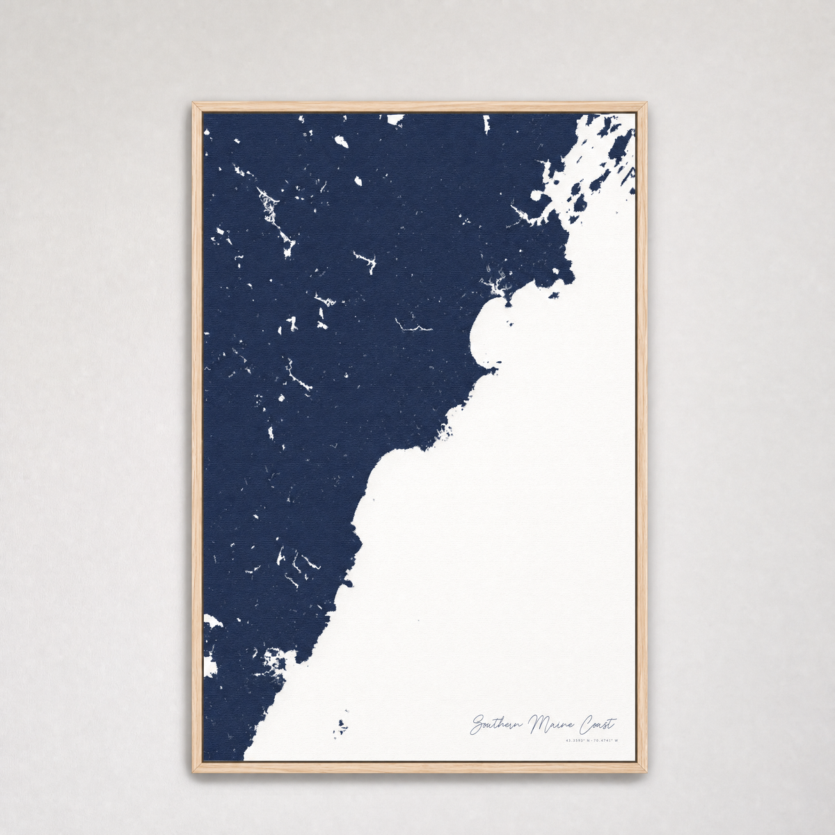 Southern Maine Coast Coastal Map — Canvas Vertical — navy, Light Wood