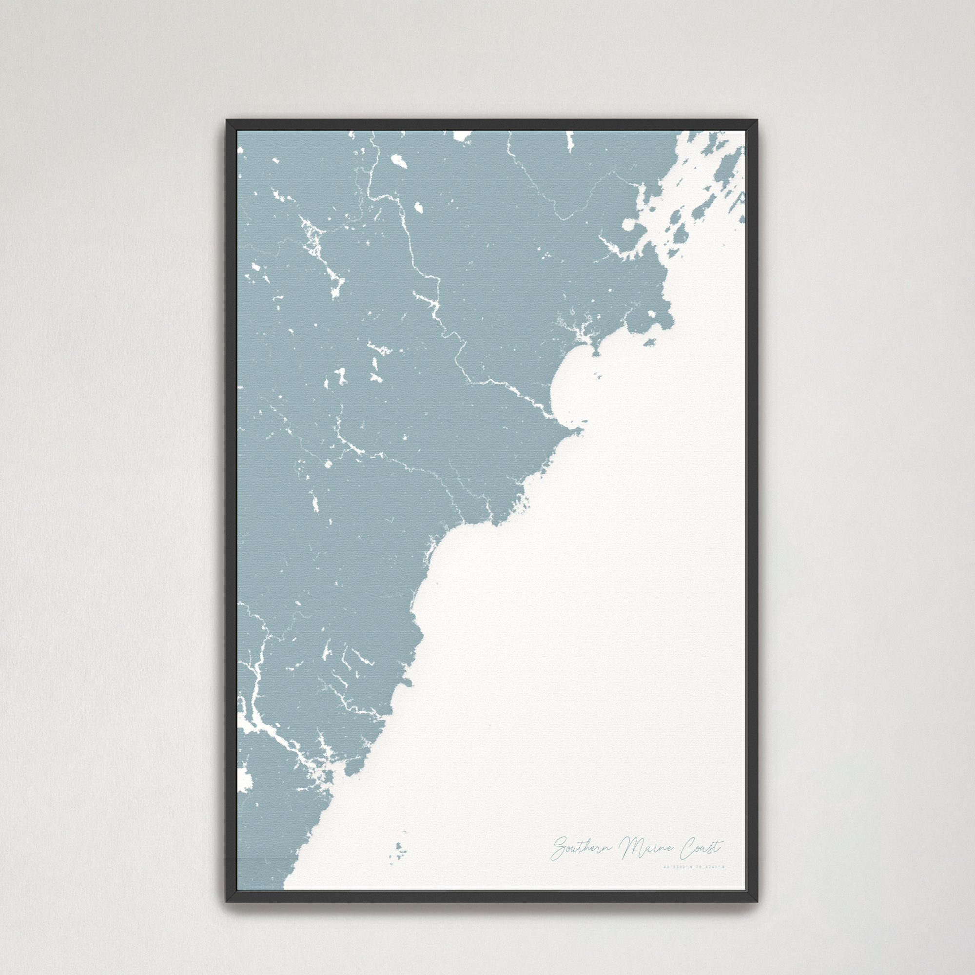 Southern Maine Coast Coastal Map — Canvas Vertical, soft-blue, Black Frame