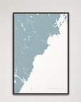 Southern Maine Coast Coastal Map — Canvas Vertical, soft-blue, Black Frame
