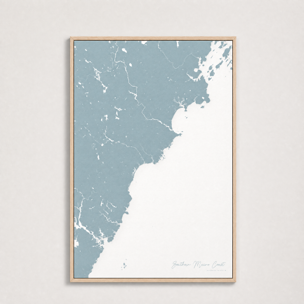 Southern Maine Coast Coastal Map — Canvas Vertical — soft-blue, Light Wood