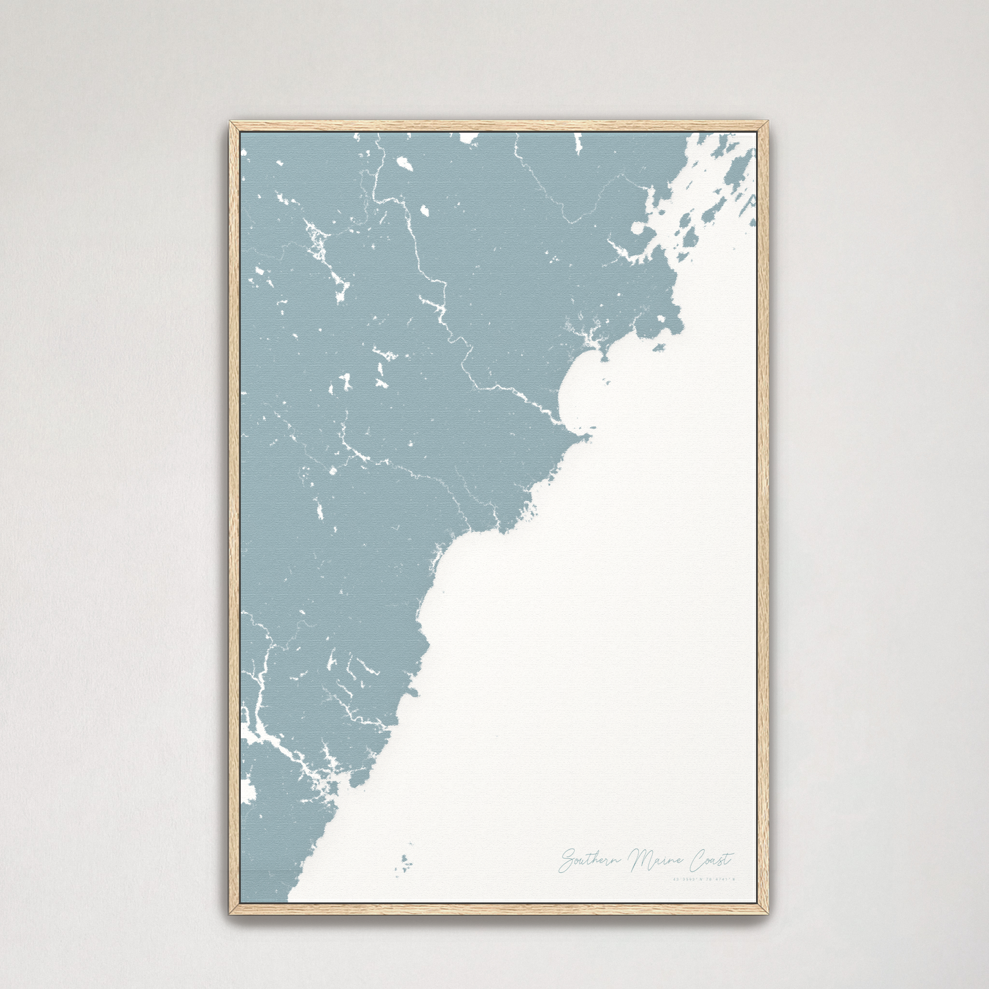 Southern Maine Coast Coastal Map — Canvas Vertical, soft-blue, Natural Oak