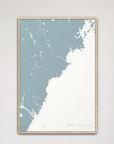Southern Maine Coast Coastal Map — Canvas Vertical, soft-blue, Natural Oak