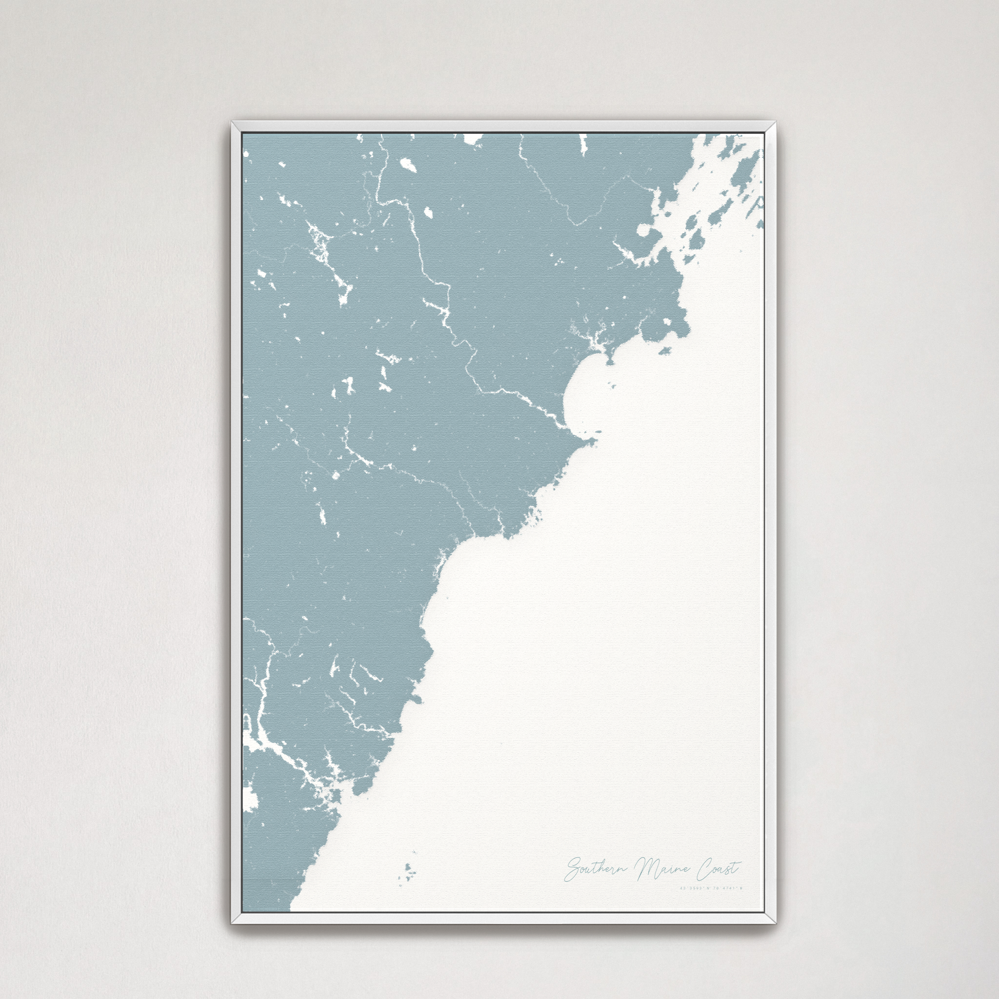 Southern Maine Coast Coastal Map — Canvas Vertical, soft-blue, White Frame