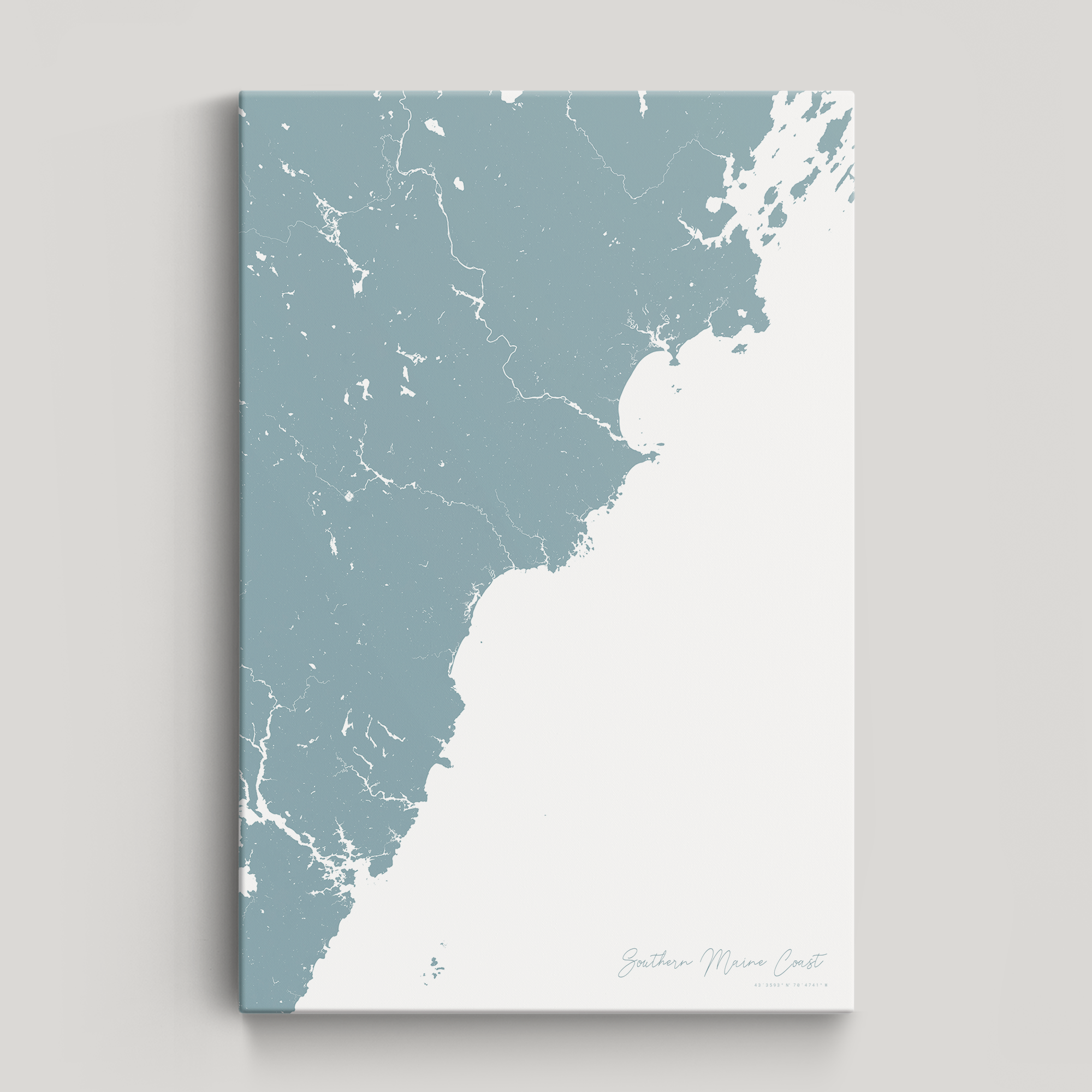Southern Maine Coast Coastal Map — Canvas Vertical, soft-blue, No Frame