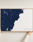 Southern Maine Coast canvas map — hands holding the canvas in an oak frame