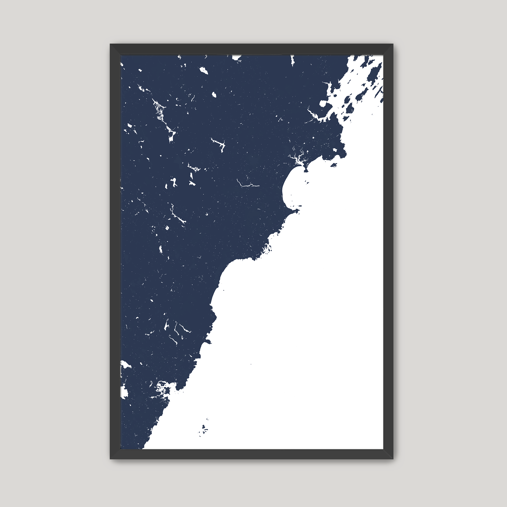 Southern Maine Coast Coastal Map — Fine Art Print Vertical, navy, Black Frame, 8x10