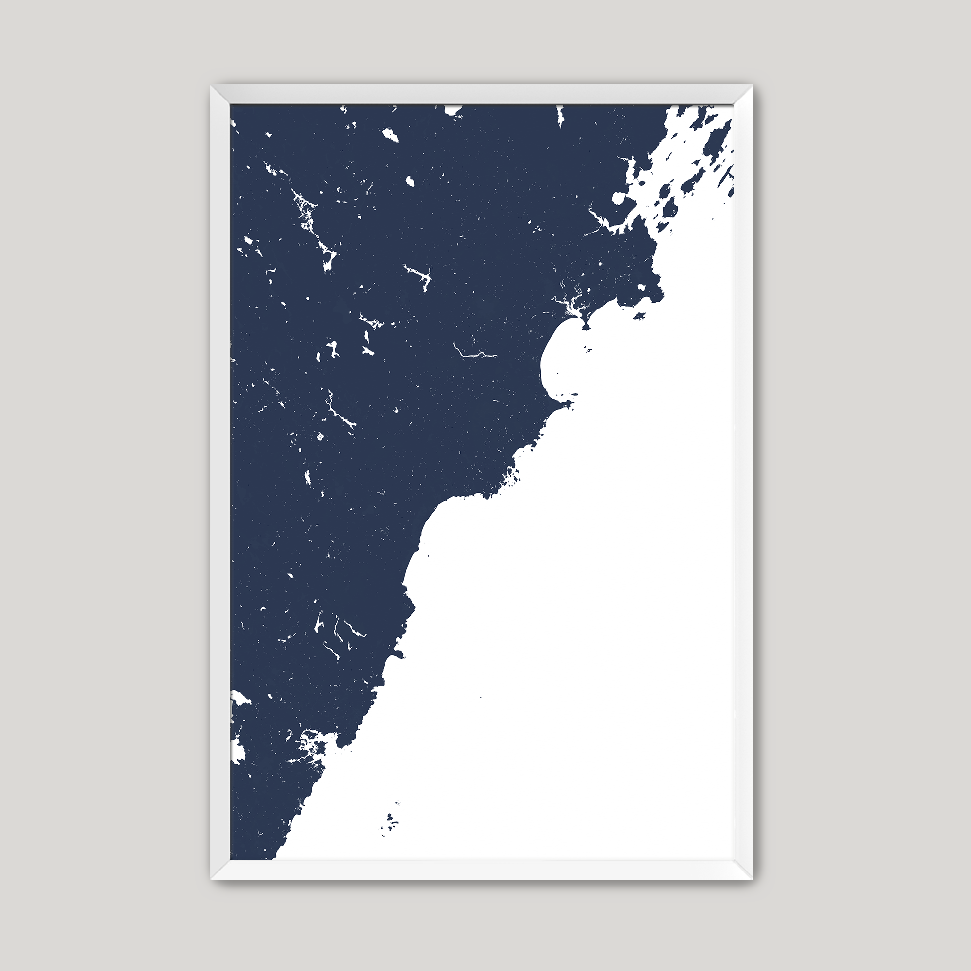 Southern Maine Coast Coastal Map — Fine Art Print Vertical, navy, White Frame, 8x10