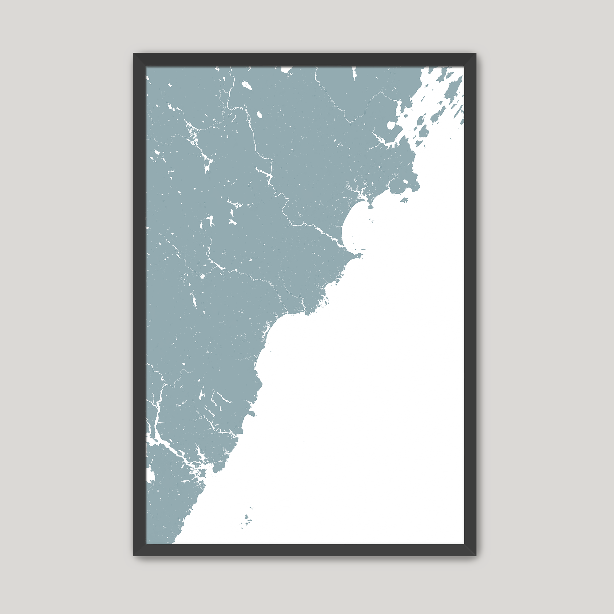 Southern Maine Coast Coastal Map — Fine Art Print Vertical, soft-blue, Black Frame, 8x10