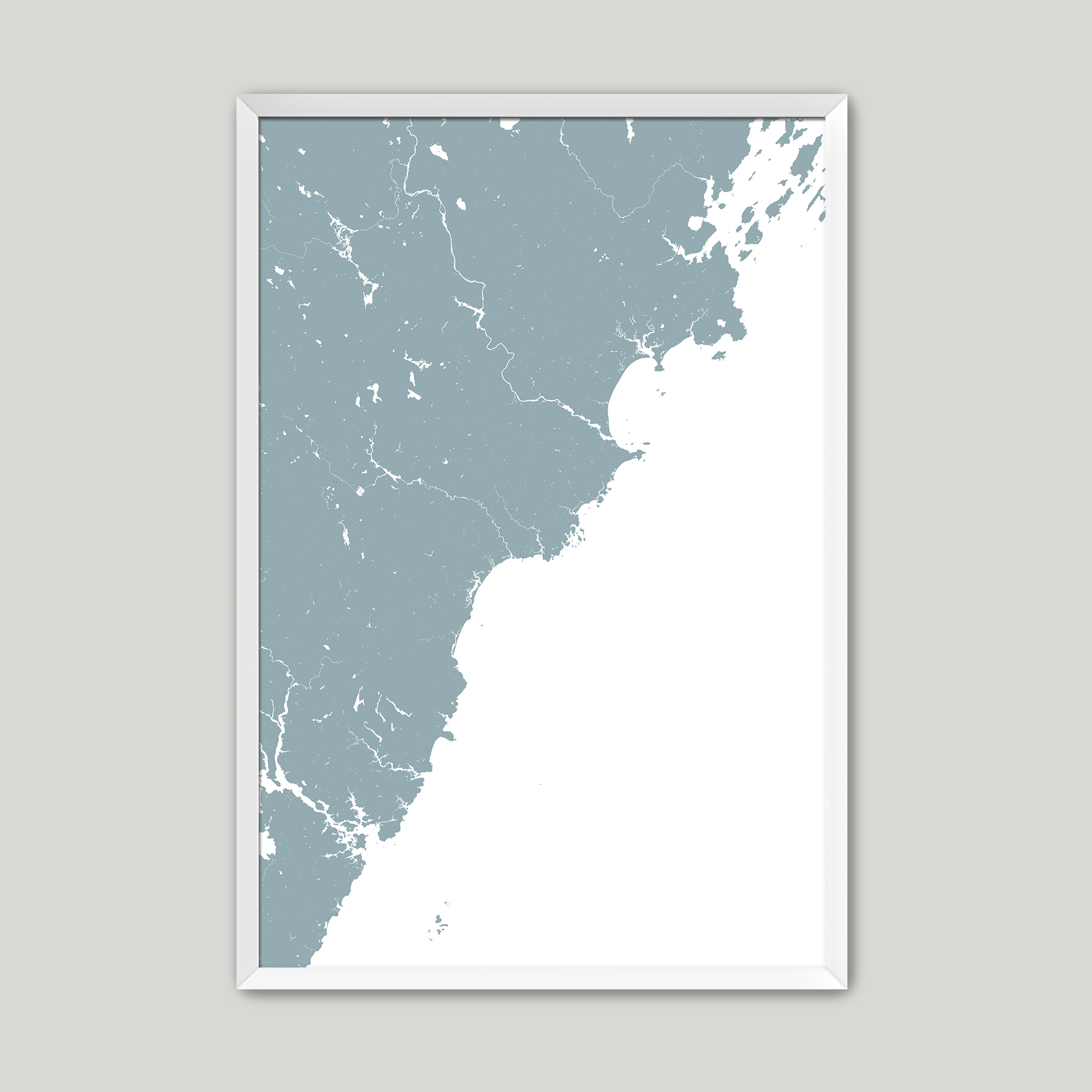 Southern Maine Coast Coastal Map — Fine Art Print Vertical, soft-blue, White Frame, 8x10