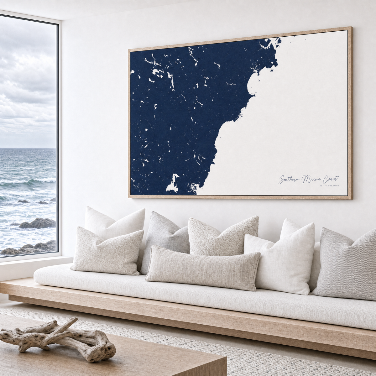 Southern Maine Coast canvas map — sea-view bench interior