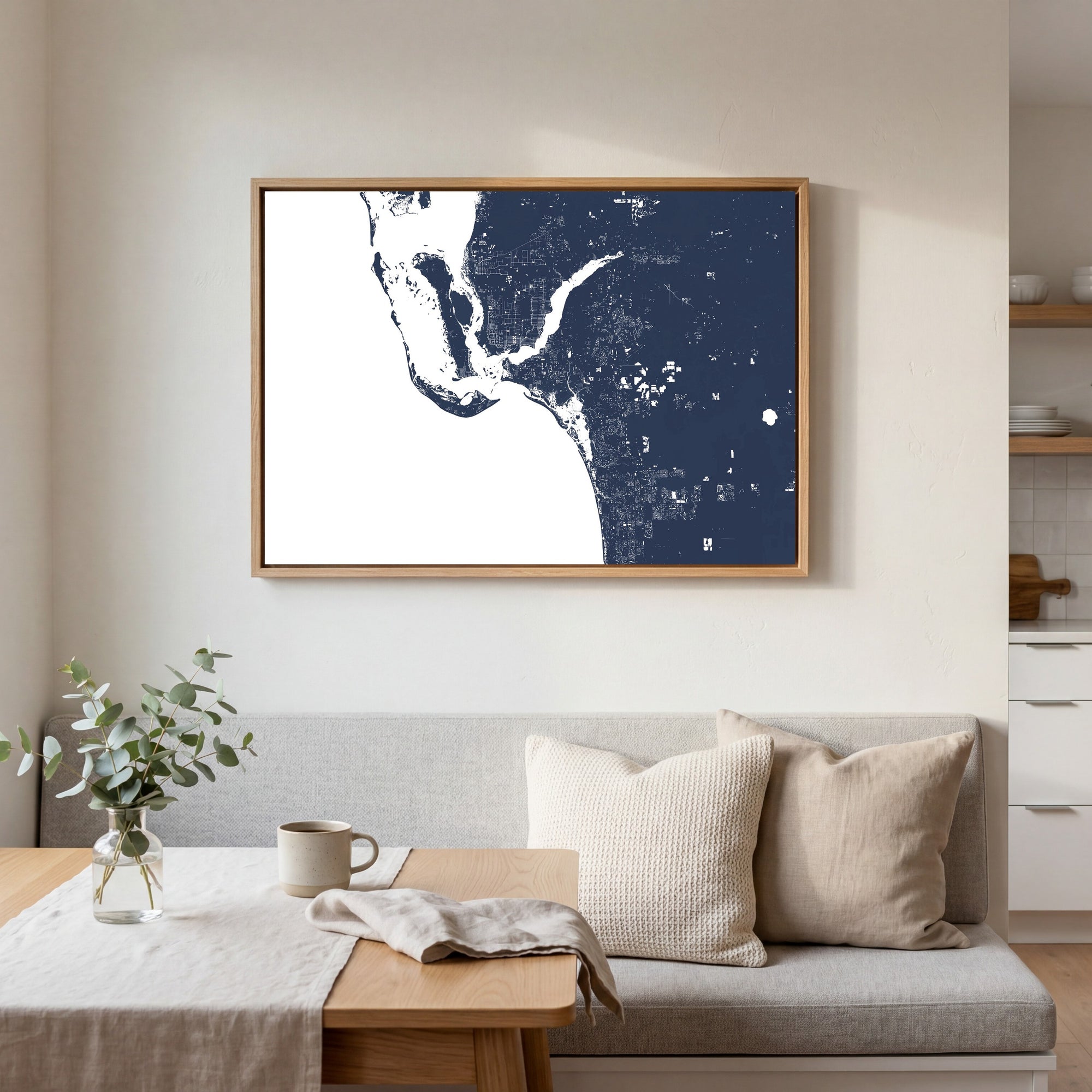 Southwest Florida navy horizontal canvas map in an oak framed room scene